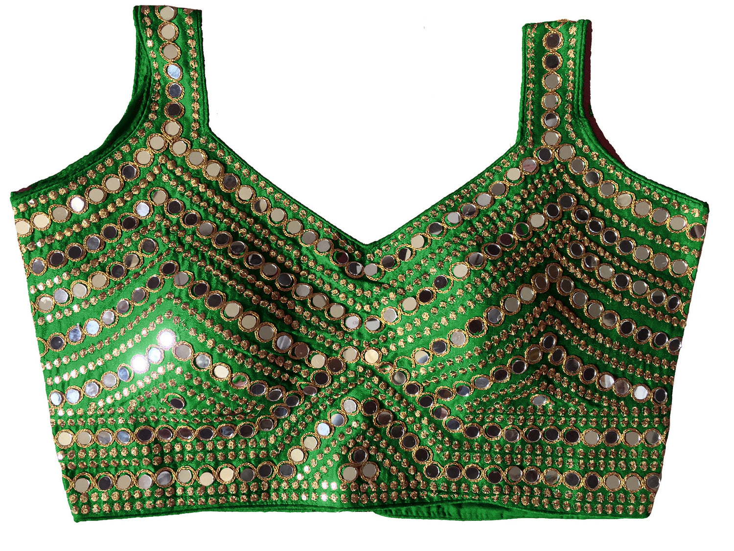 Embroidery Mirror Work V Neck Sleeveless Green Fancy Readymade Blouse