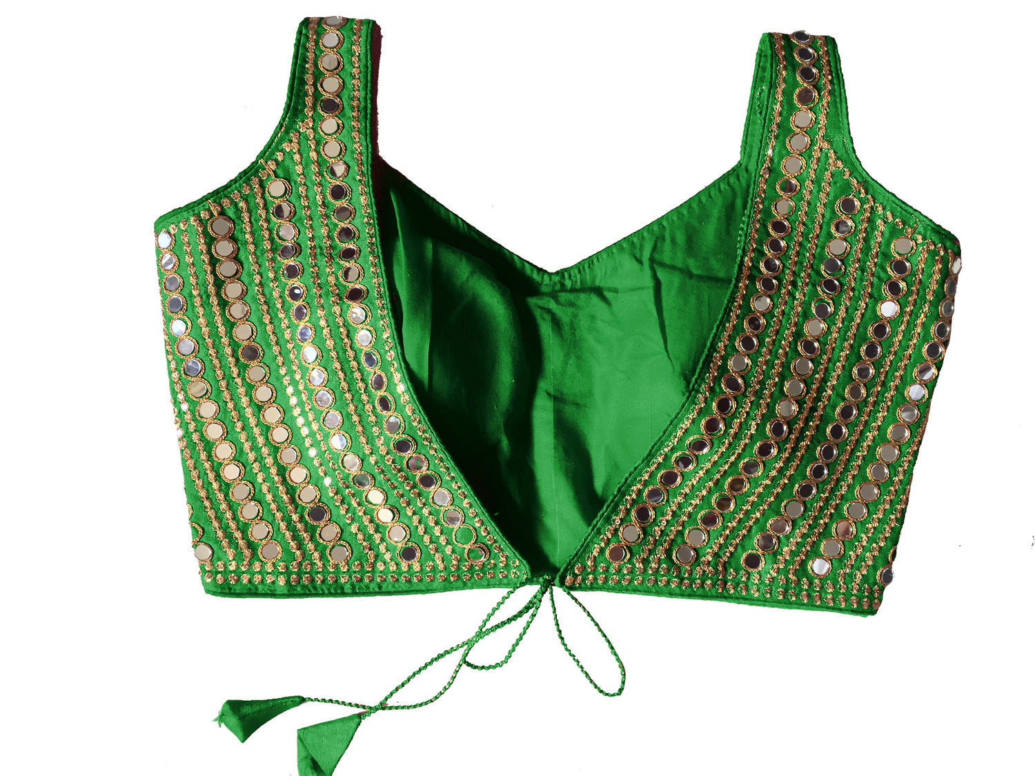 Embroidery Mirror Work V Neck Sleeveless Green Fancy Readymade Blouse