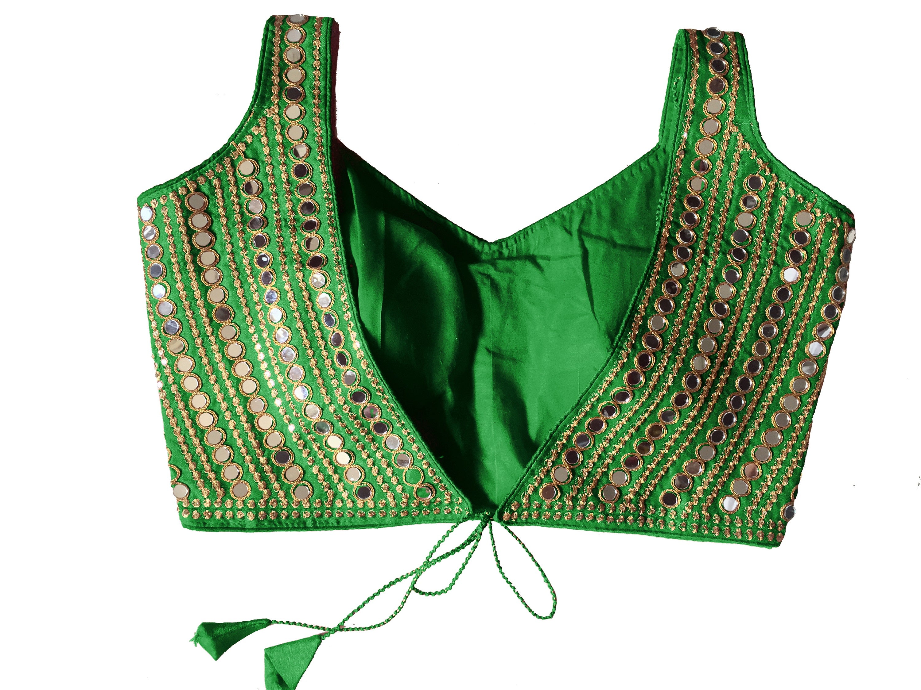 Embroidery Mirror Work V Neck Sleeveless Green Fancy Readymade Blouse