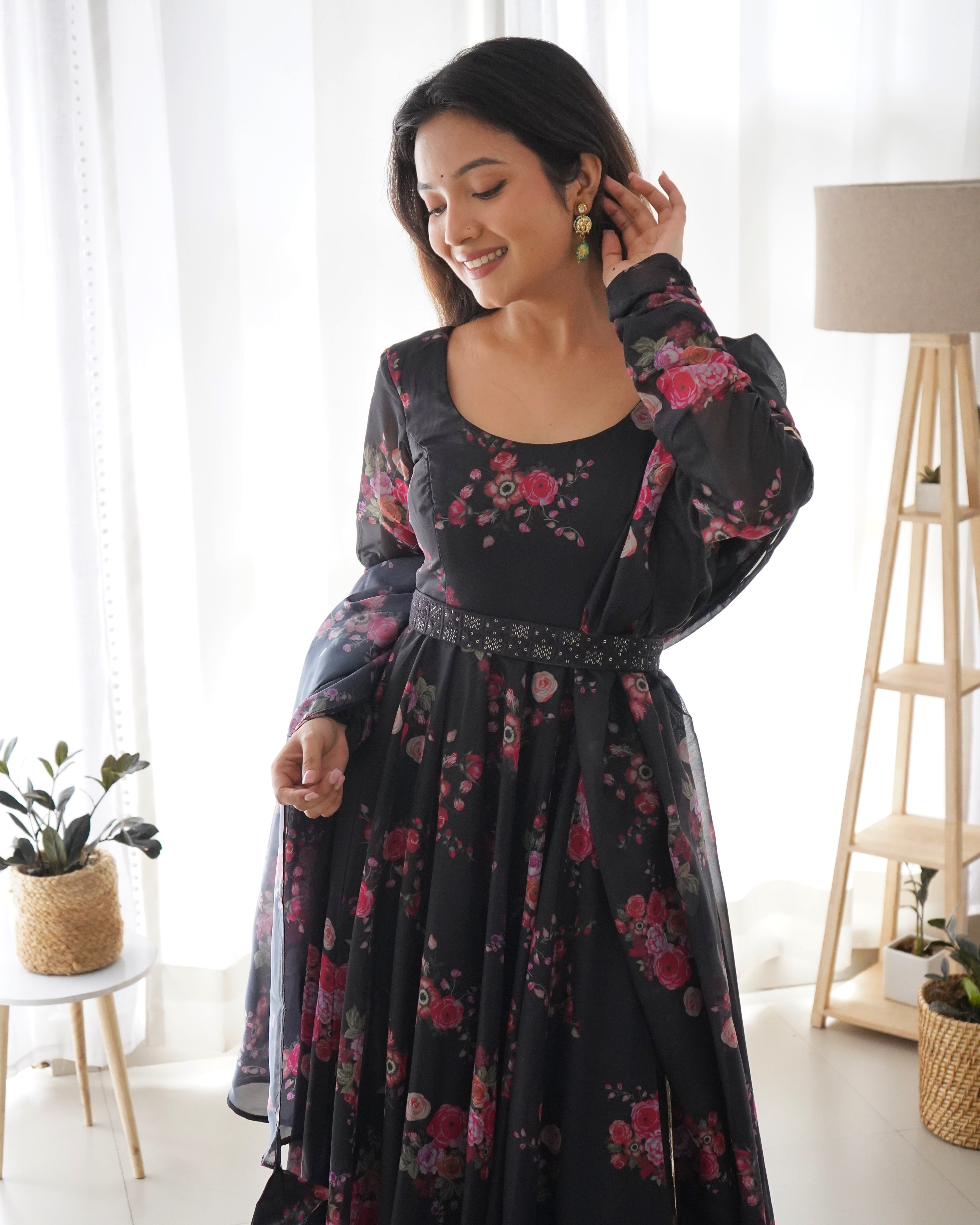 Fancy Fully Stitched Ready To Wear Pure Organza Anarkali Black Color Suit