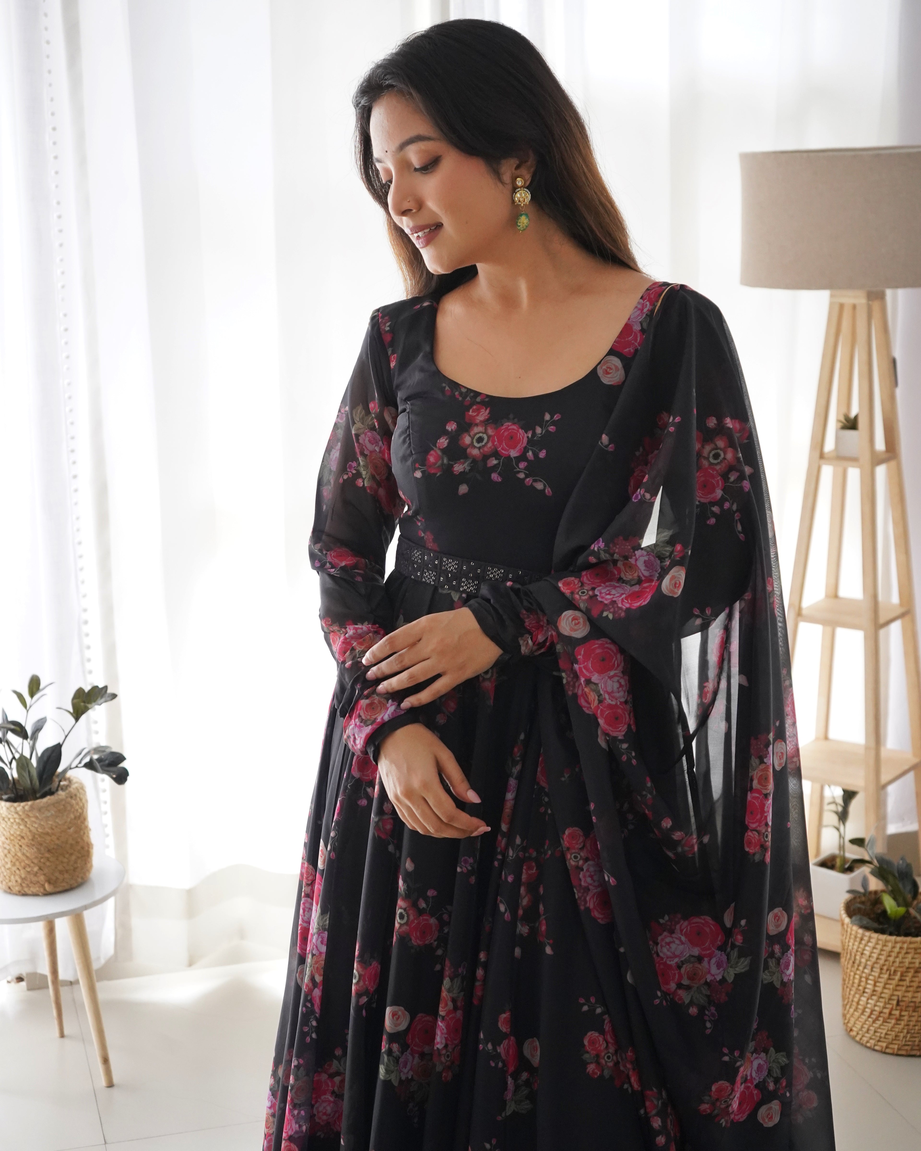 Fancy Fully Stitched Ready To Wear Pure Organza Anarkali Black Color Suit
