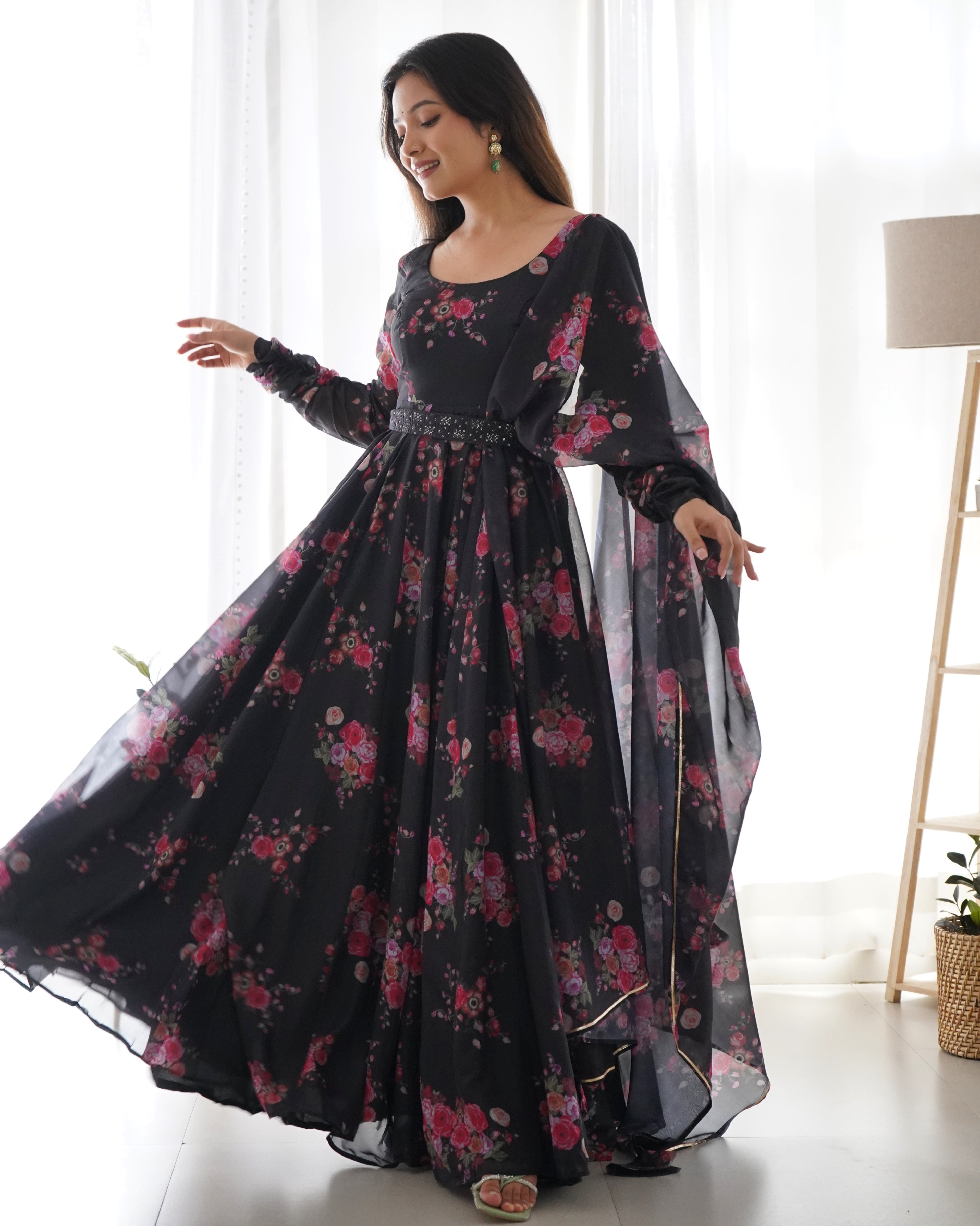 Fancy Fully Stitched Ready To Wear Pure Organza Anarkali Black Color Suit