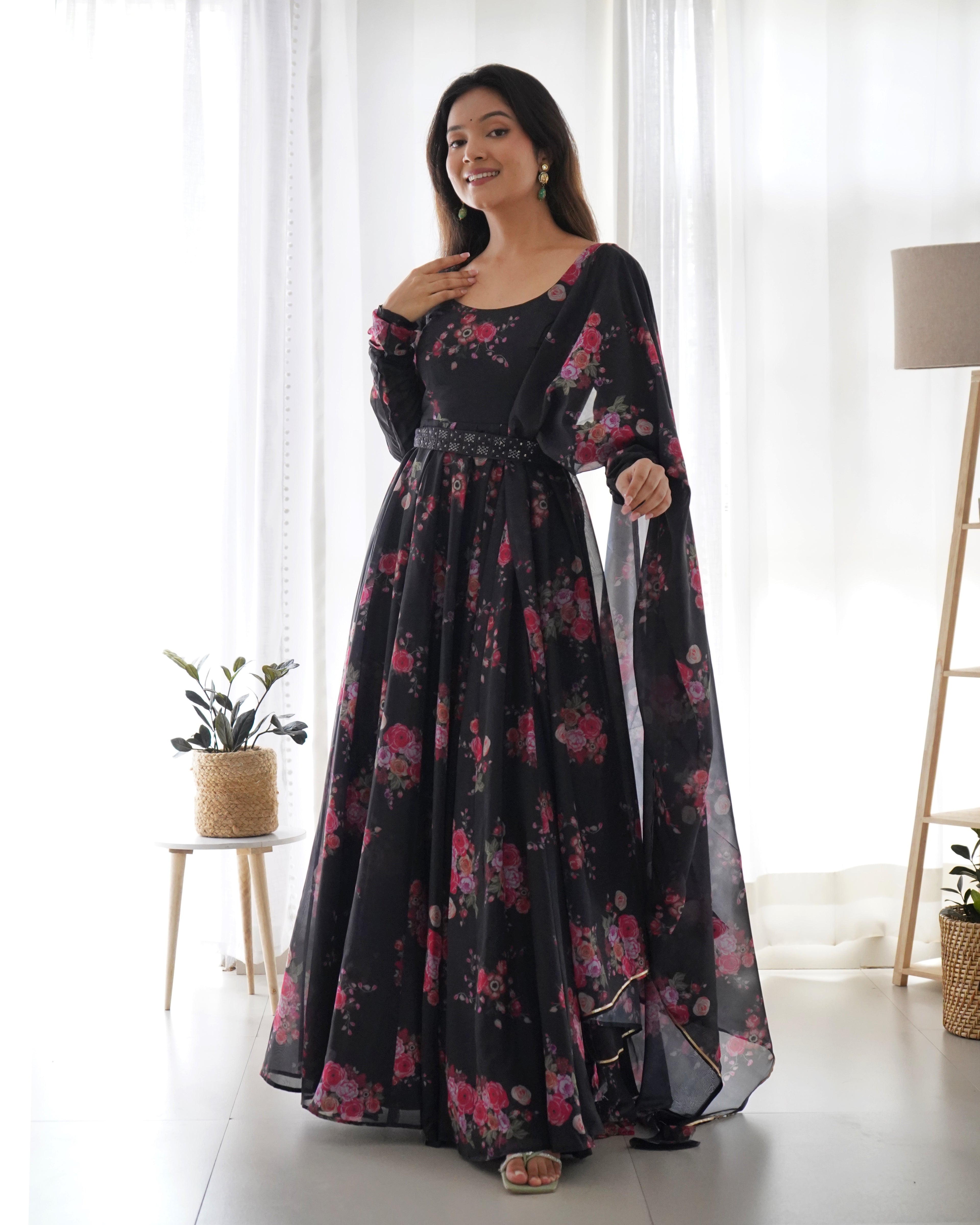 Fancy Fully Stitched Ready To Wear Pure Organza Anarkali Black Color Suit