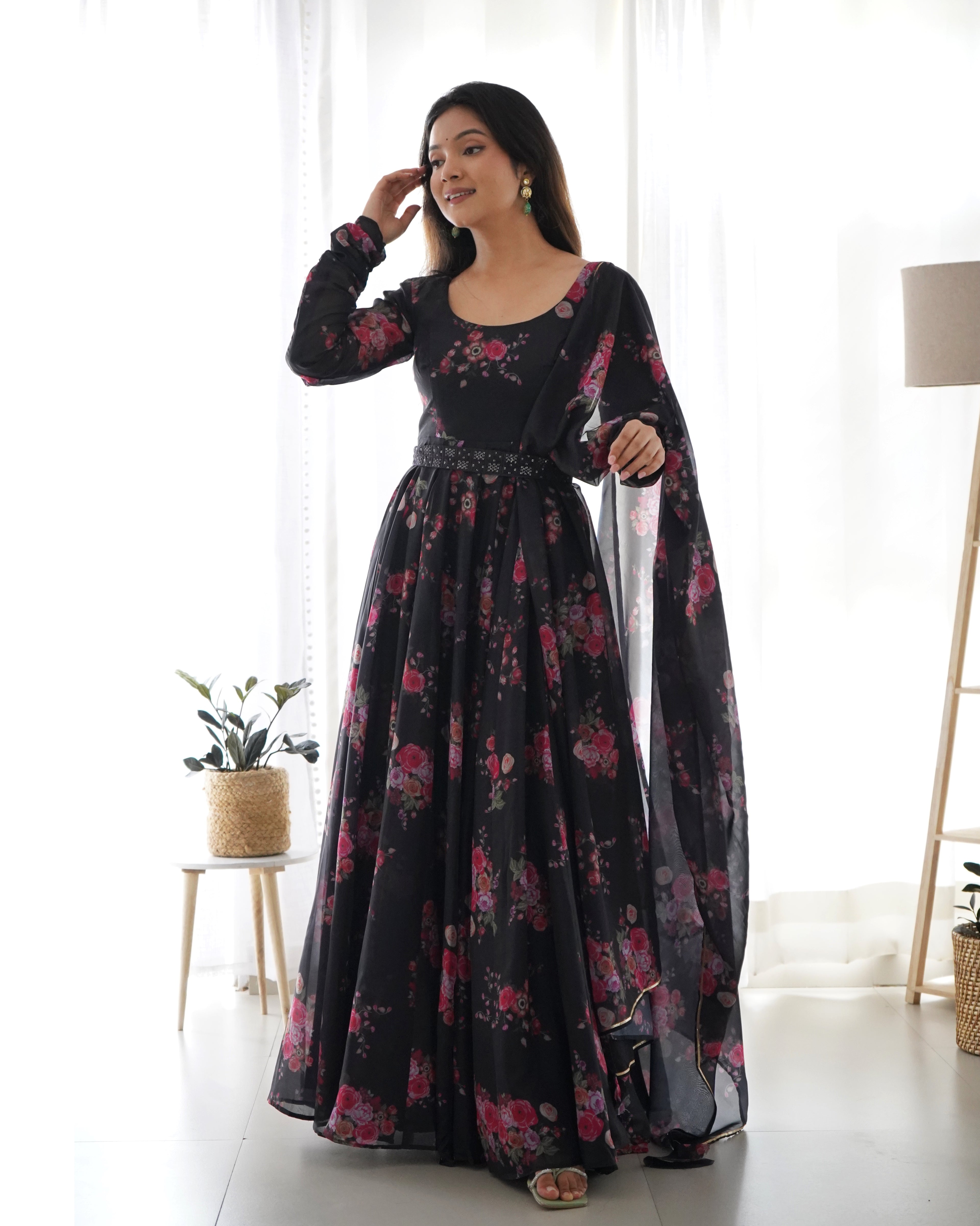 Fancy Fully Stitched Ready To Wear Pure Organza Anarkali Black Color Suit