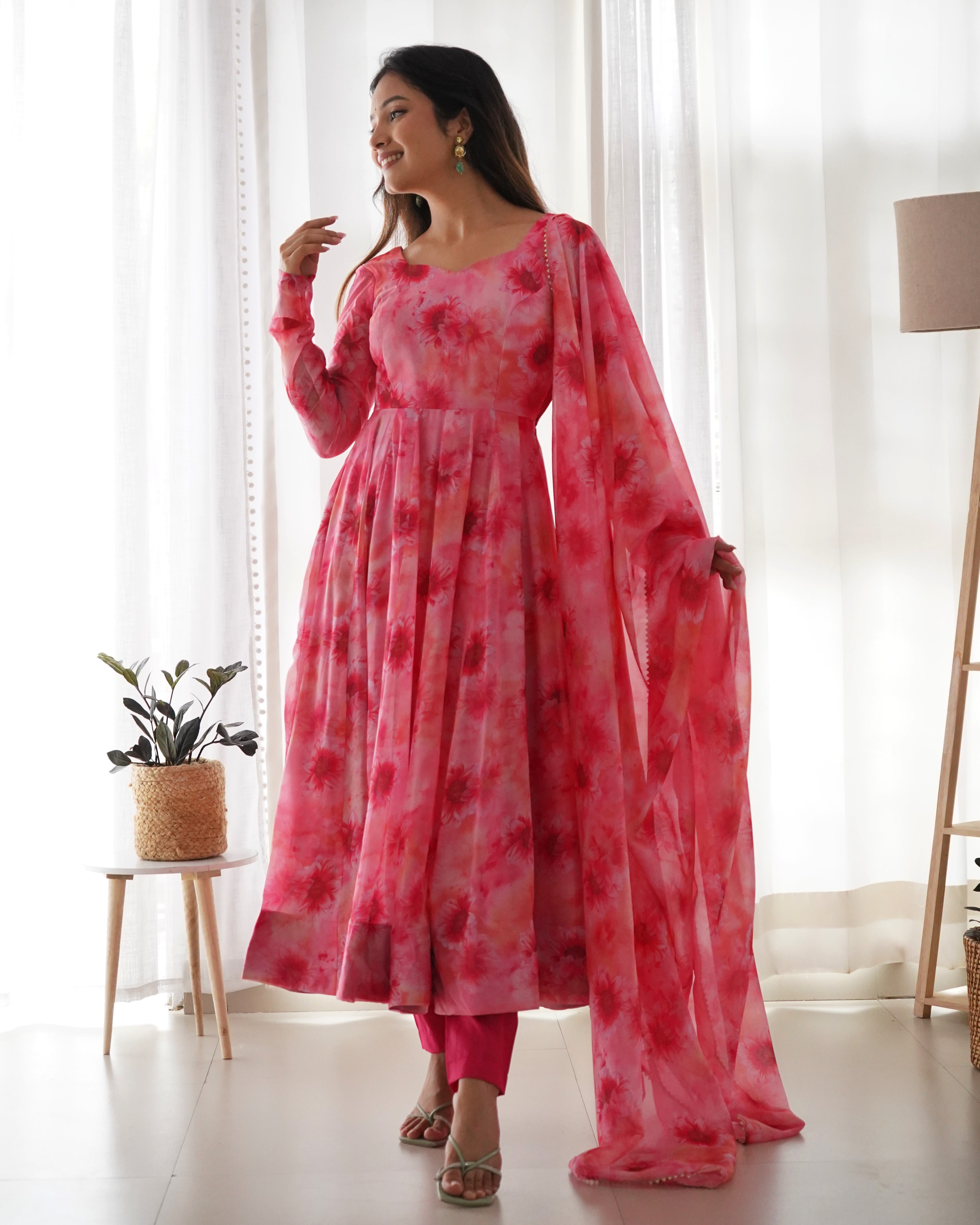 Gorgeous Pink Color Readymade Silk Latest Anarkali Suit
