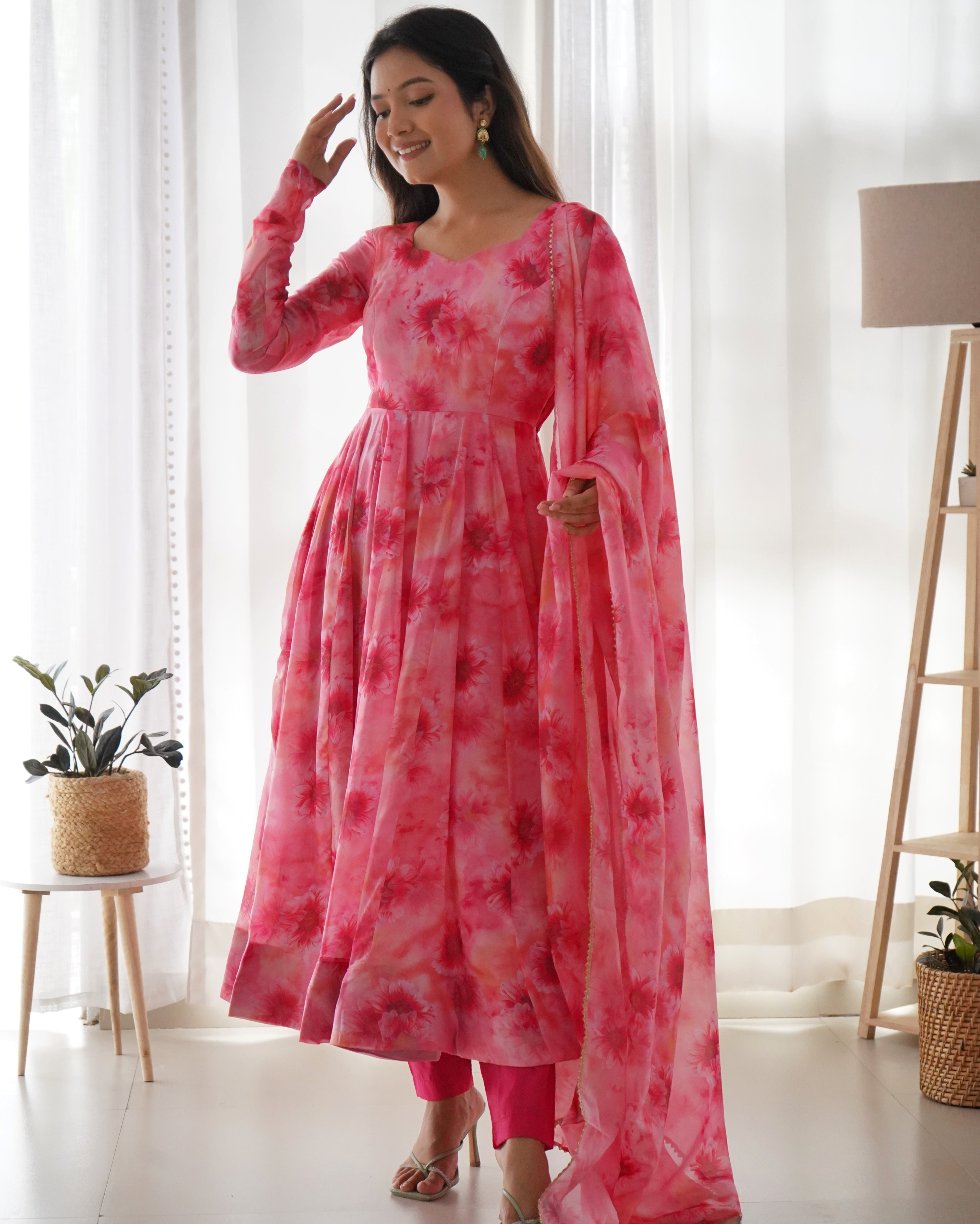 Gorgeous Pink Color Readymade Silk Latest Anarkali Suit
