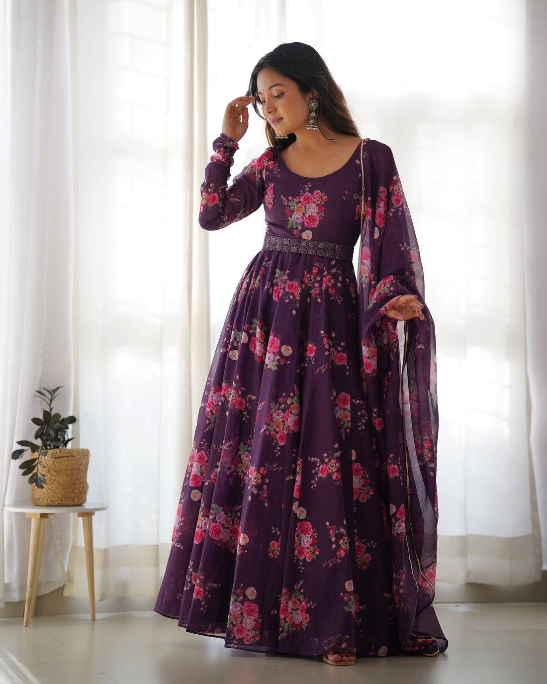New Arrive Wine Color Floral Printed Anarkali Suit
