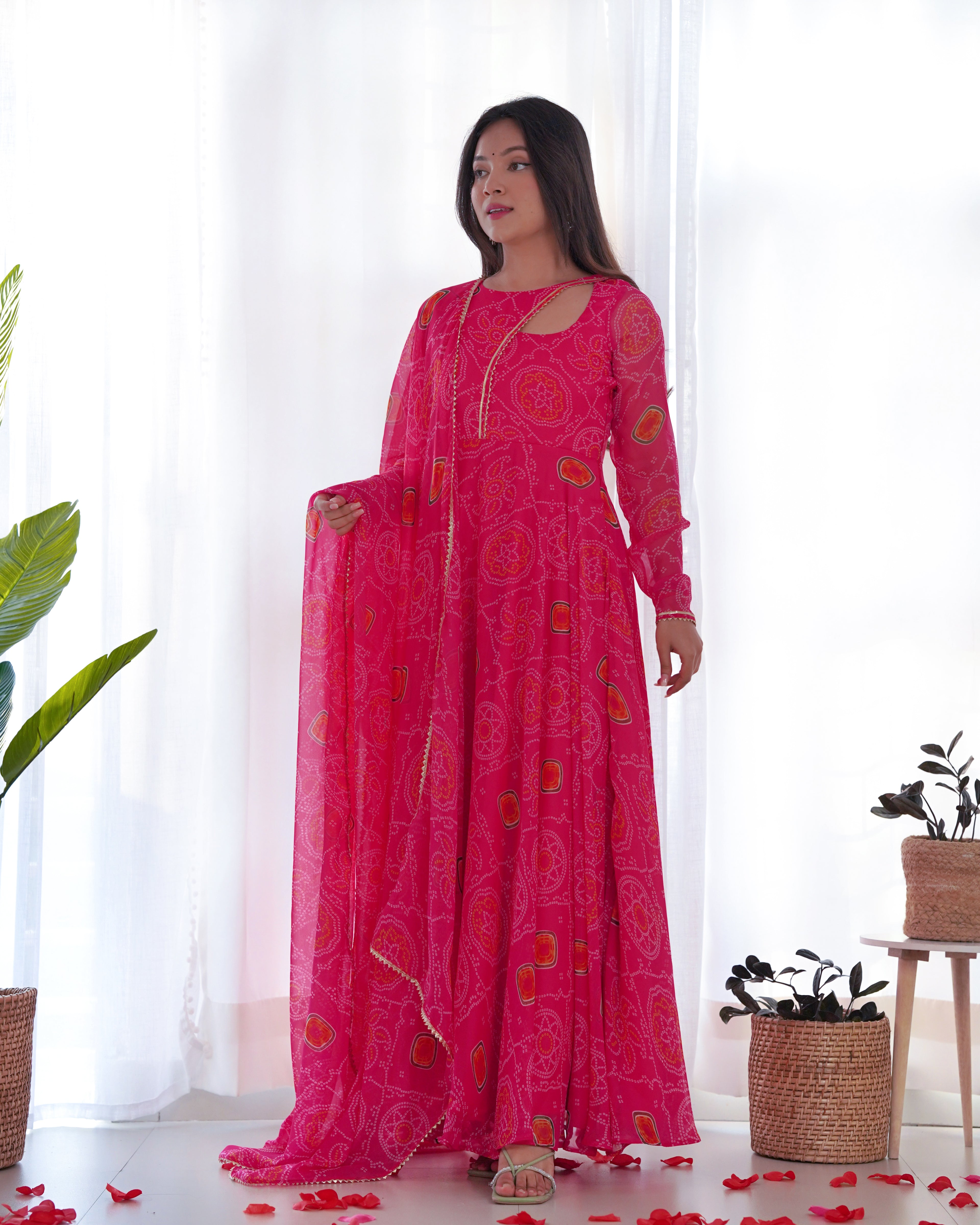 Exclusive Pink Color Lightweight Chiffon Printed Gown Set