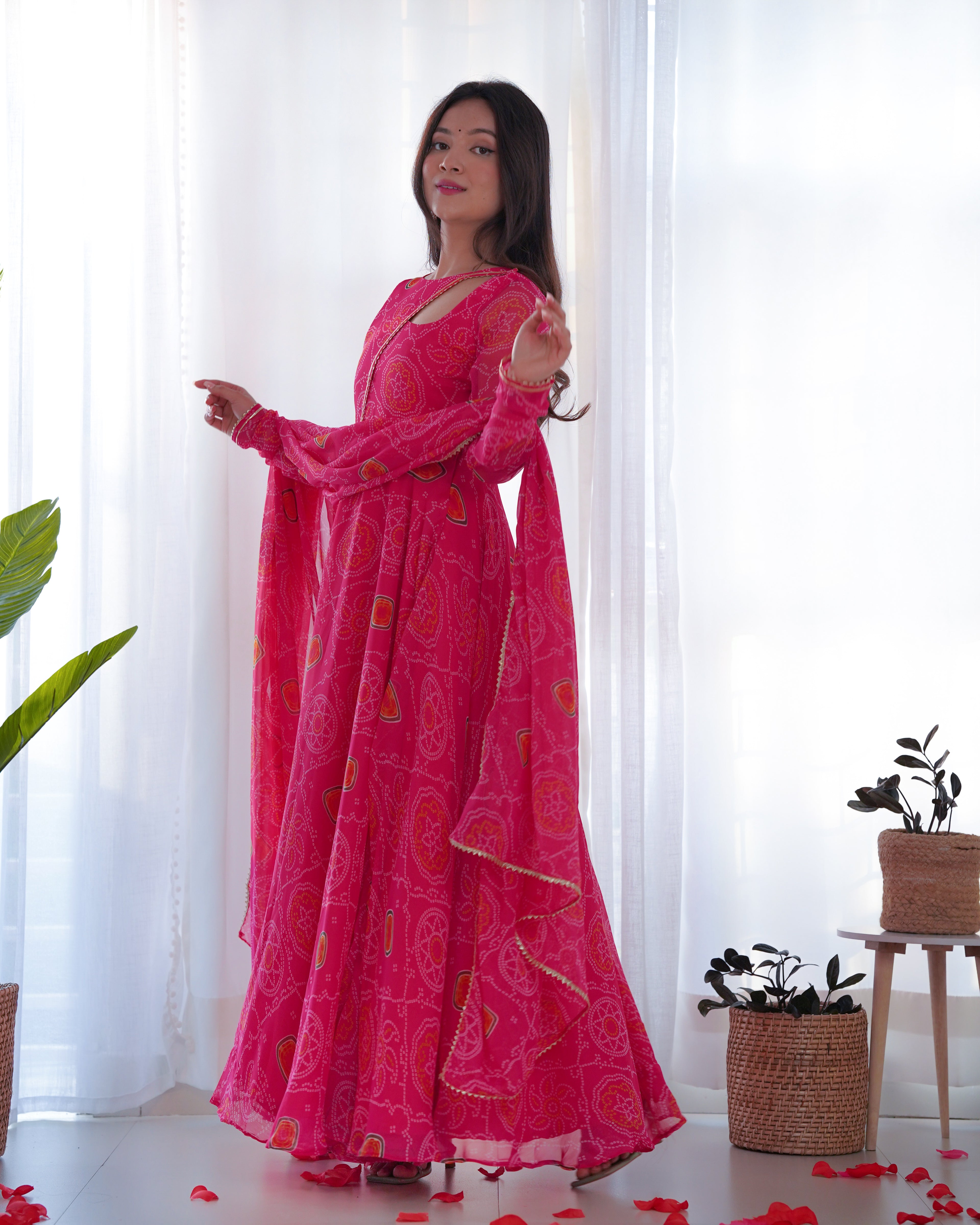 Exclusive Pink Color Lightweight Chiffon Printed Gown Set