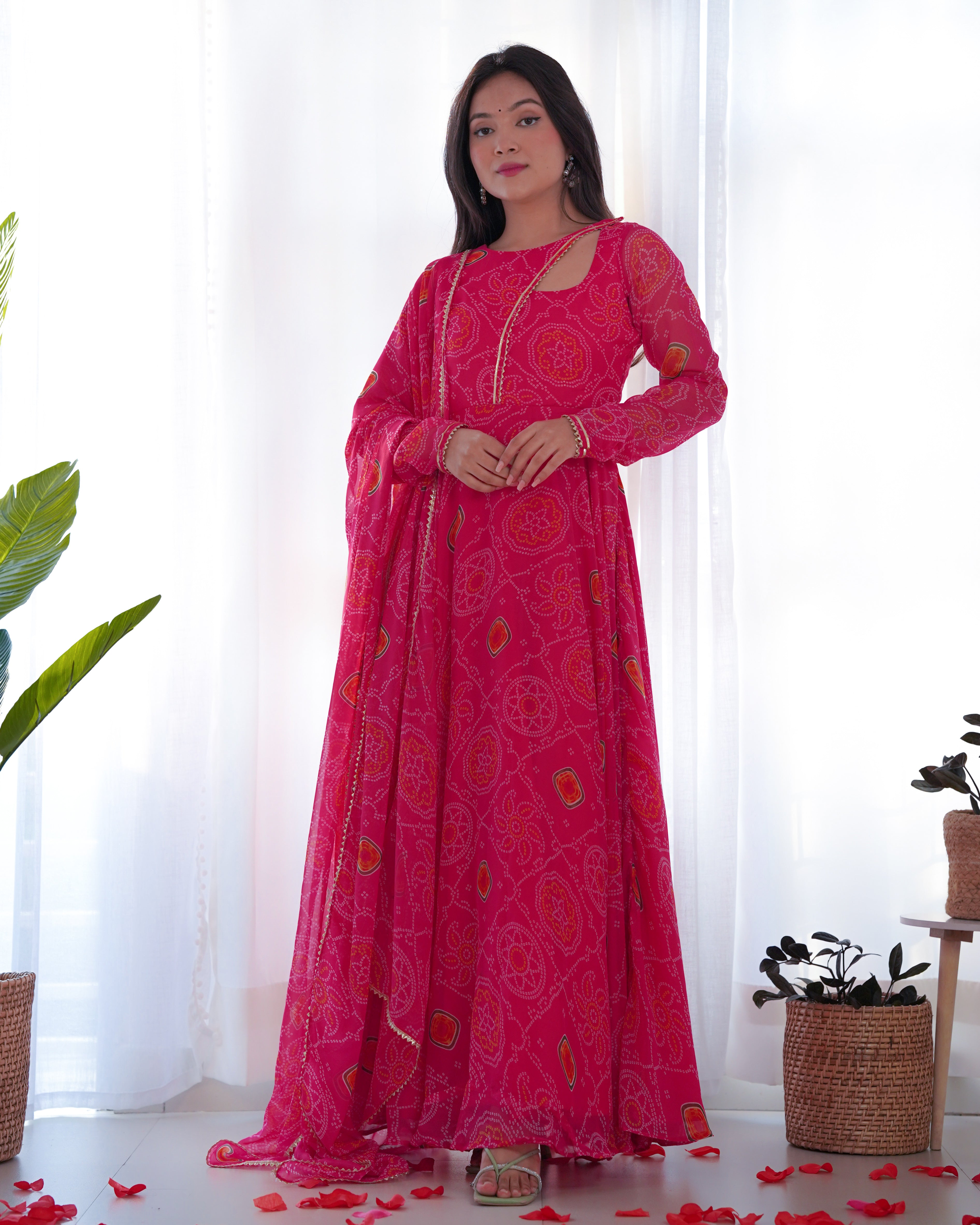 Exclusive Pink Color Lightweight Chiffon Printed Gown Set