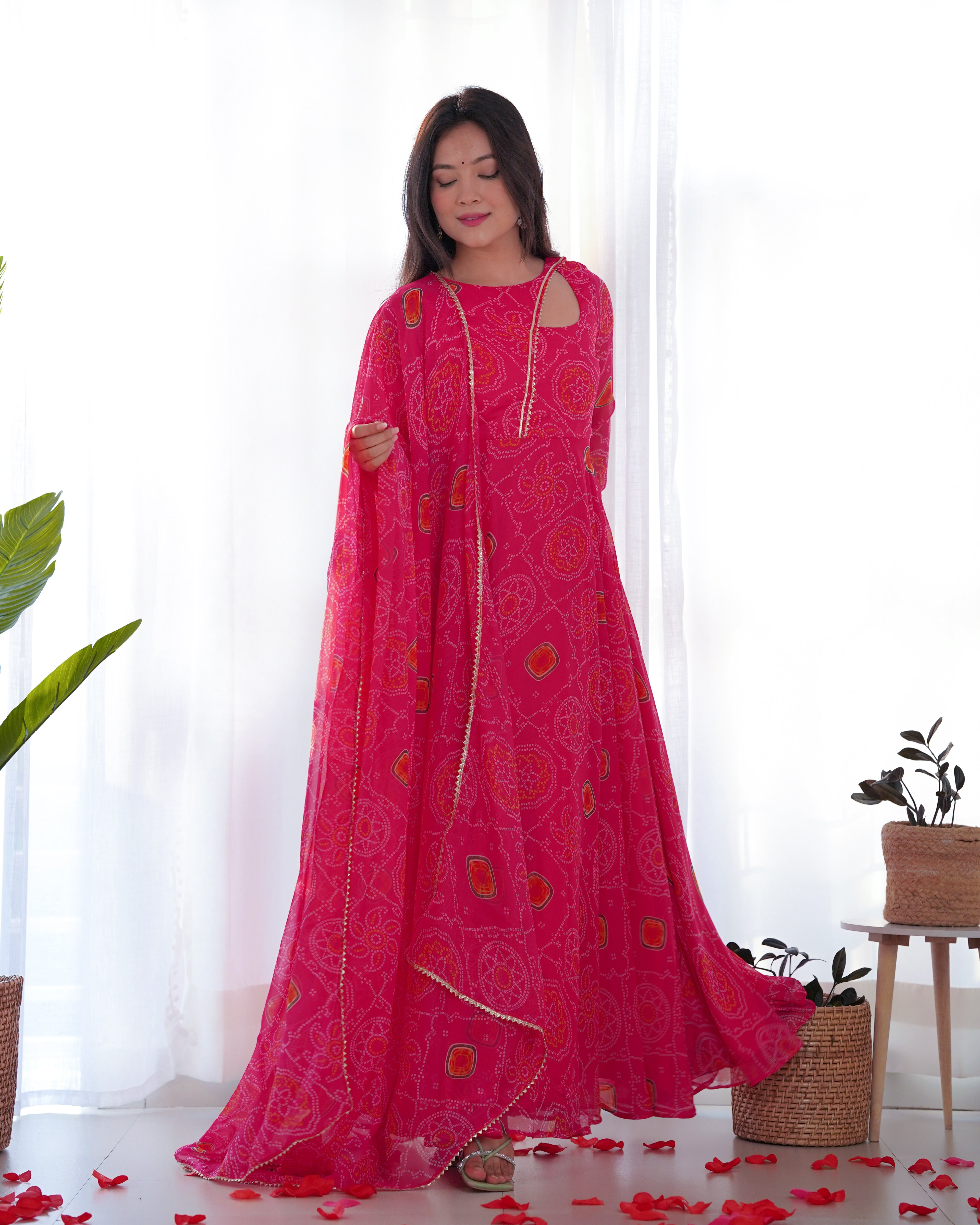 Exclusive Pink Color Lightweight Chiffon Printed Gown Set