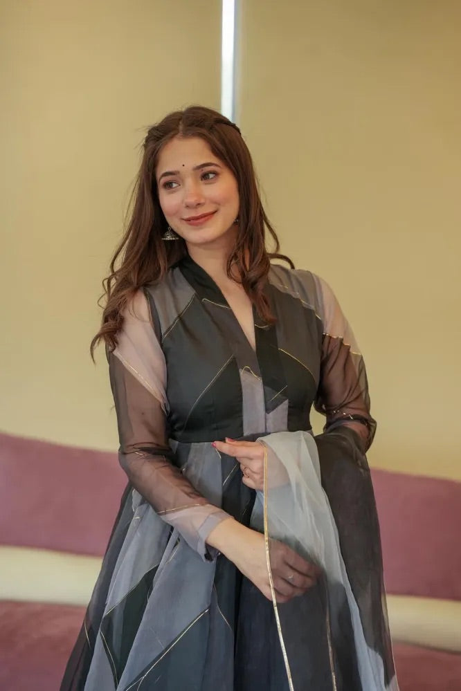 Latest Design Printed Black Organza Anarkali Suit