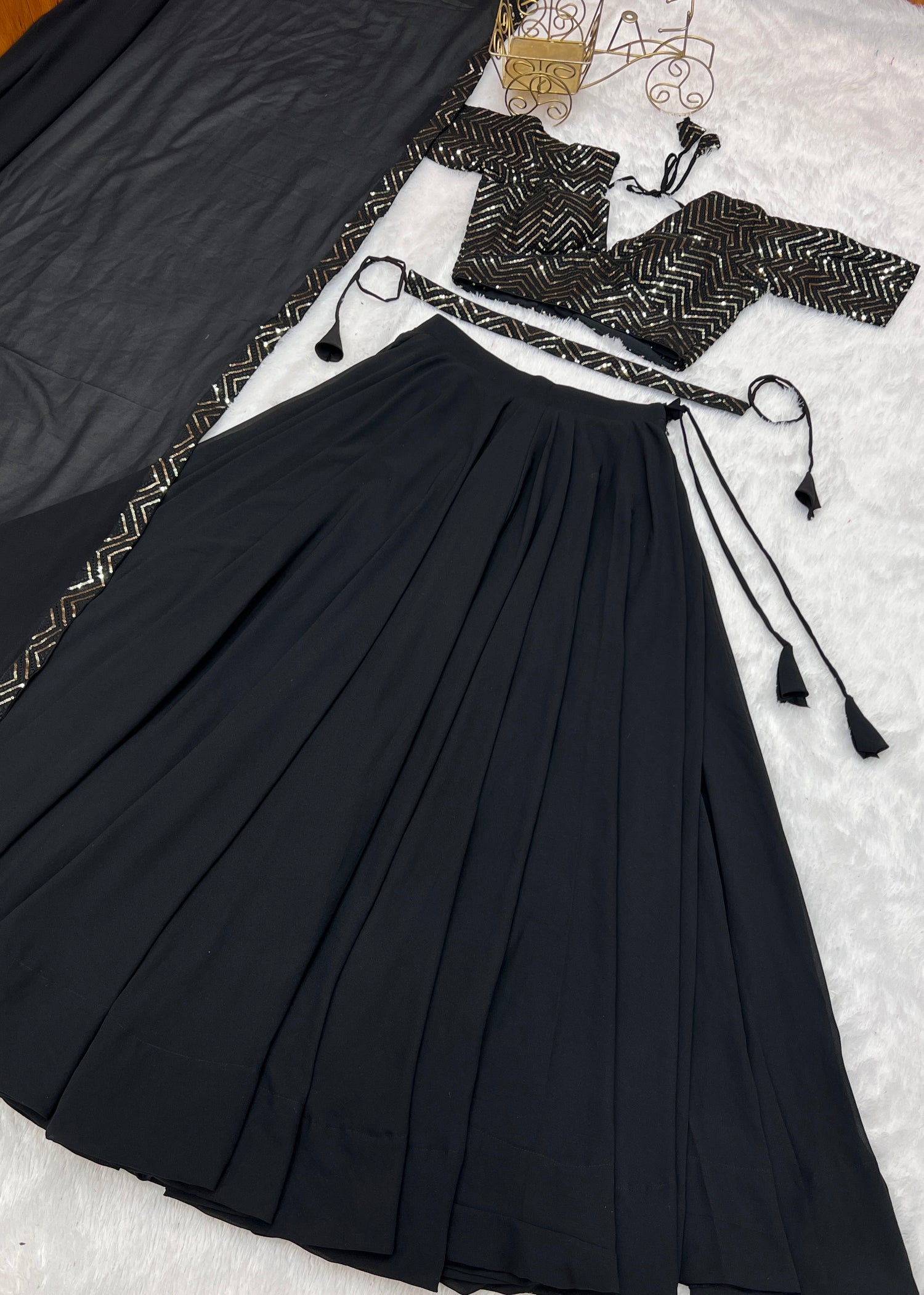Beautiful Black Color Ready To Wear Georgette Lehenga