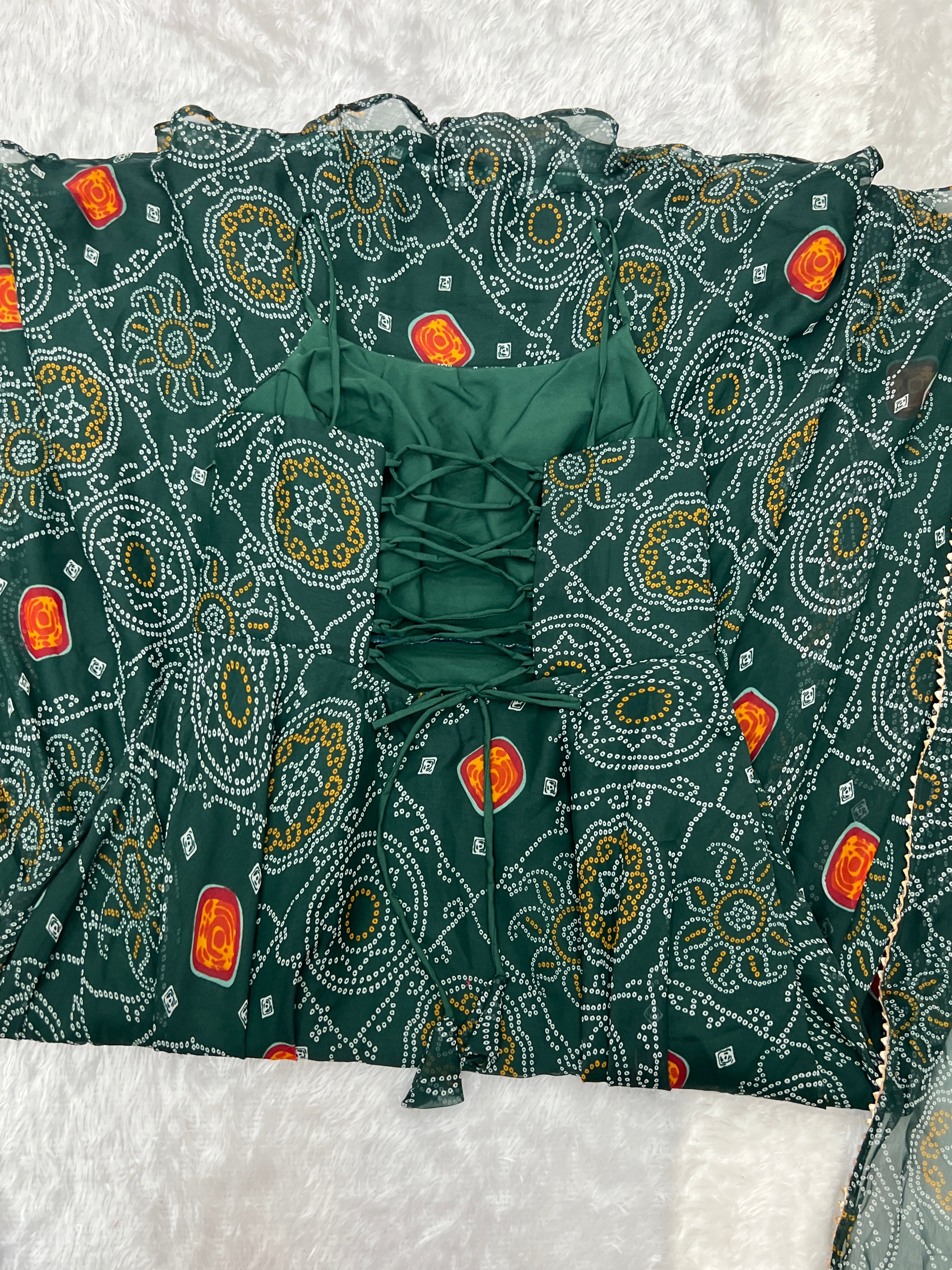 Designer Lightweight Chiffon Bandhej Green Gown Set