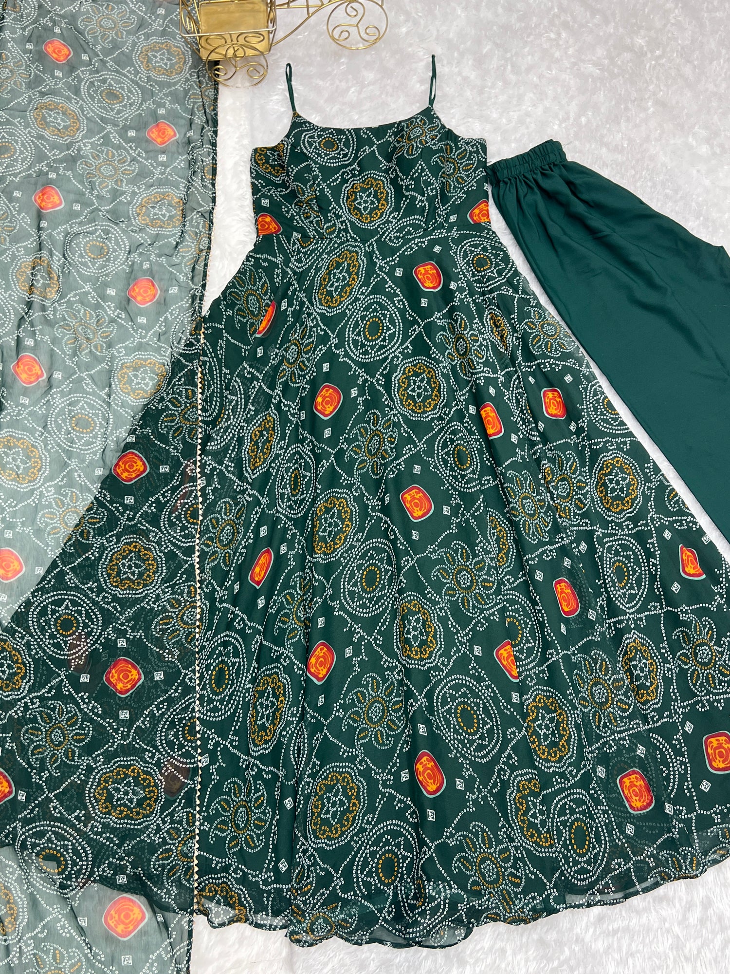 Designer Lightweight Chiffon Bandhej Green Gown Set