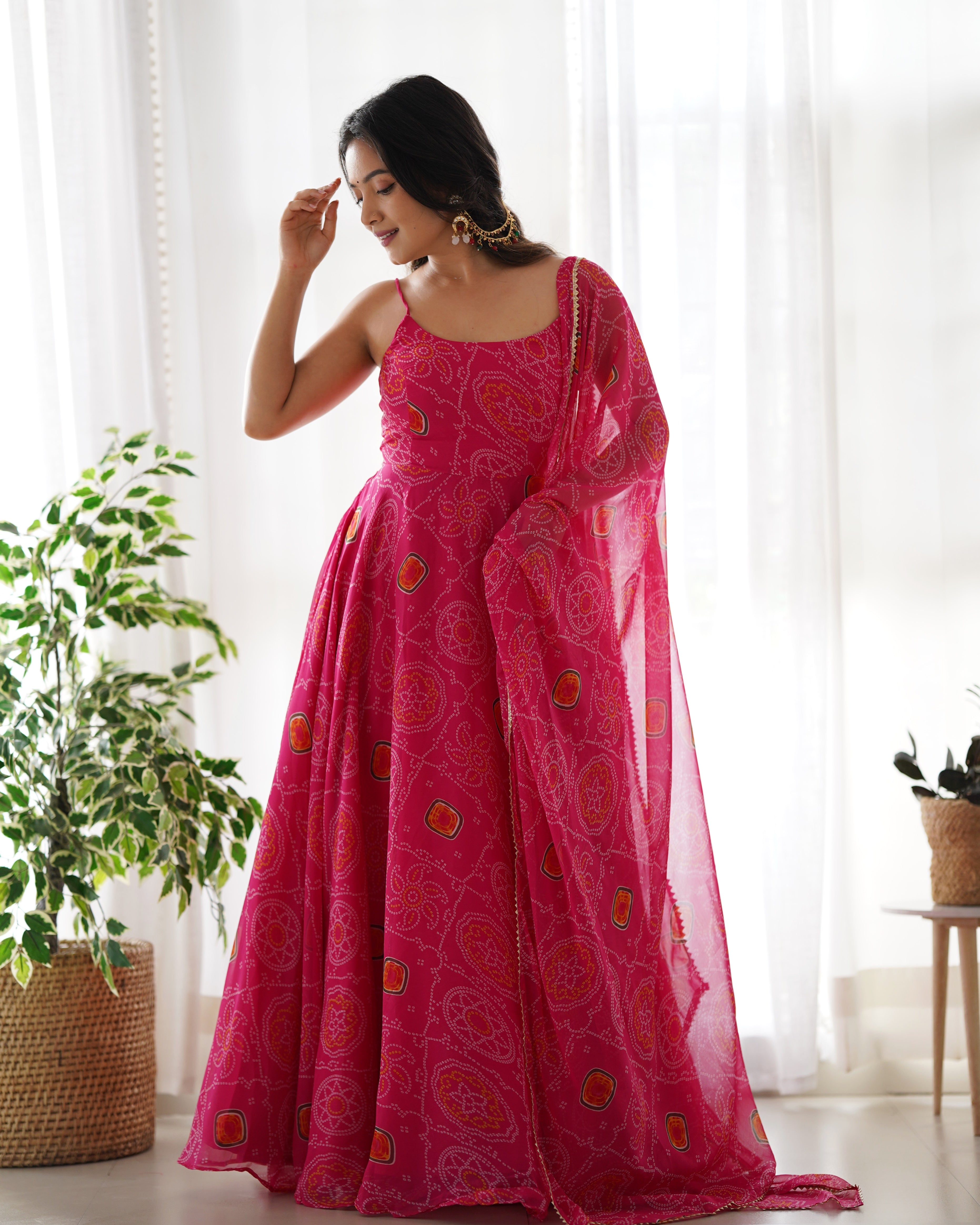 Designer Pure Chiffon Pink Color Bandhej Print Anarkali Suit
