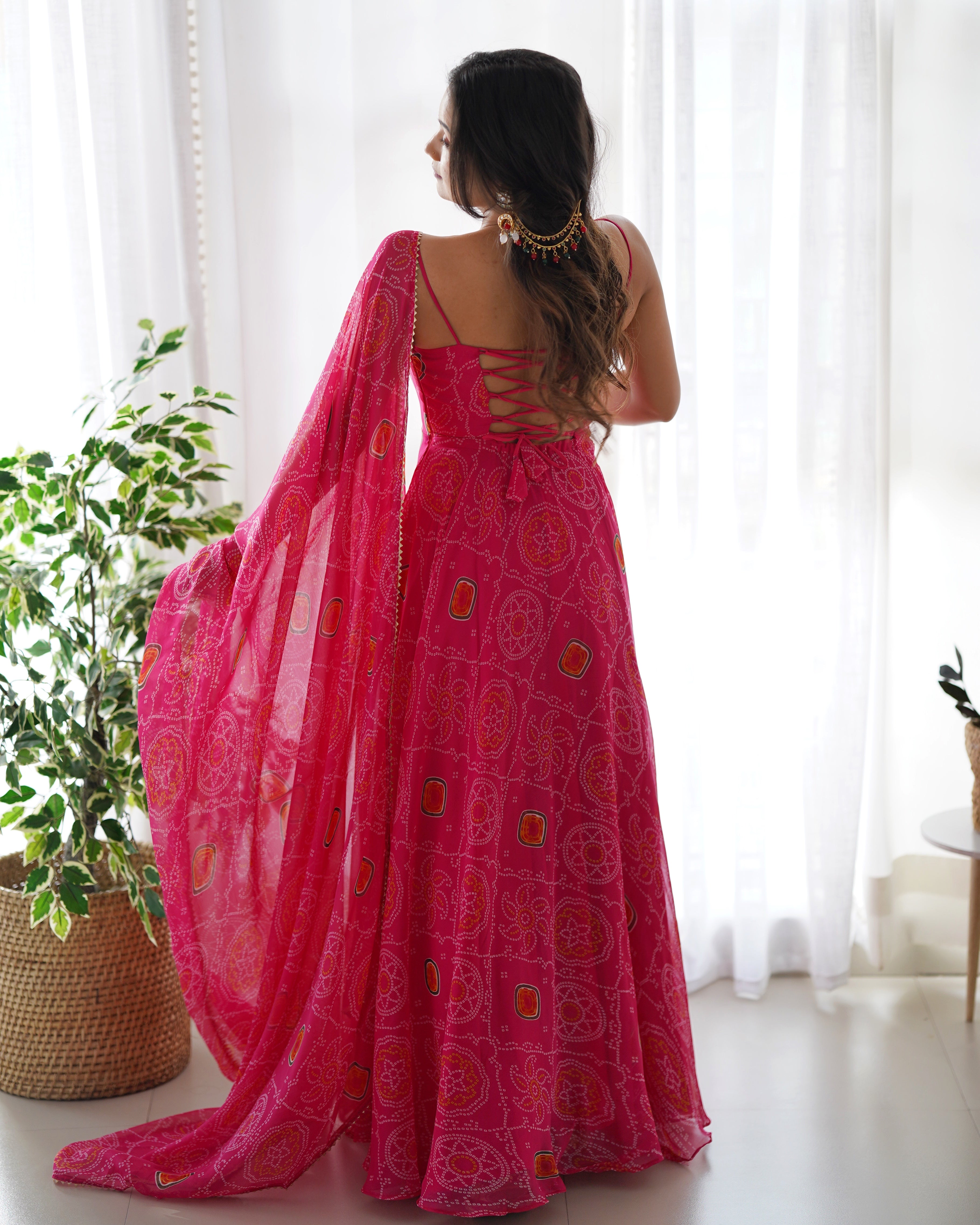 Designer Pure Chiffon Pink Color Bandhej Print Anarkali Suit