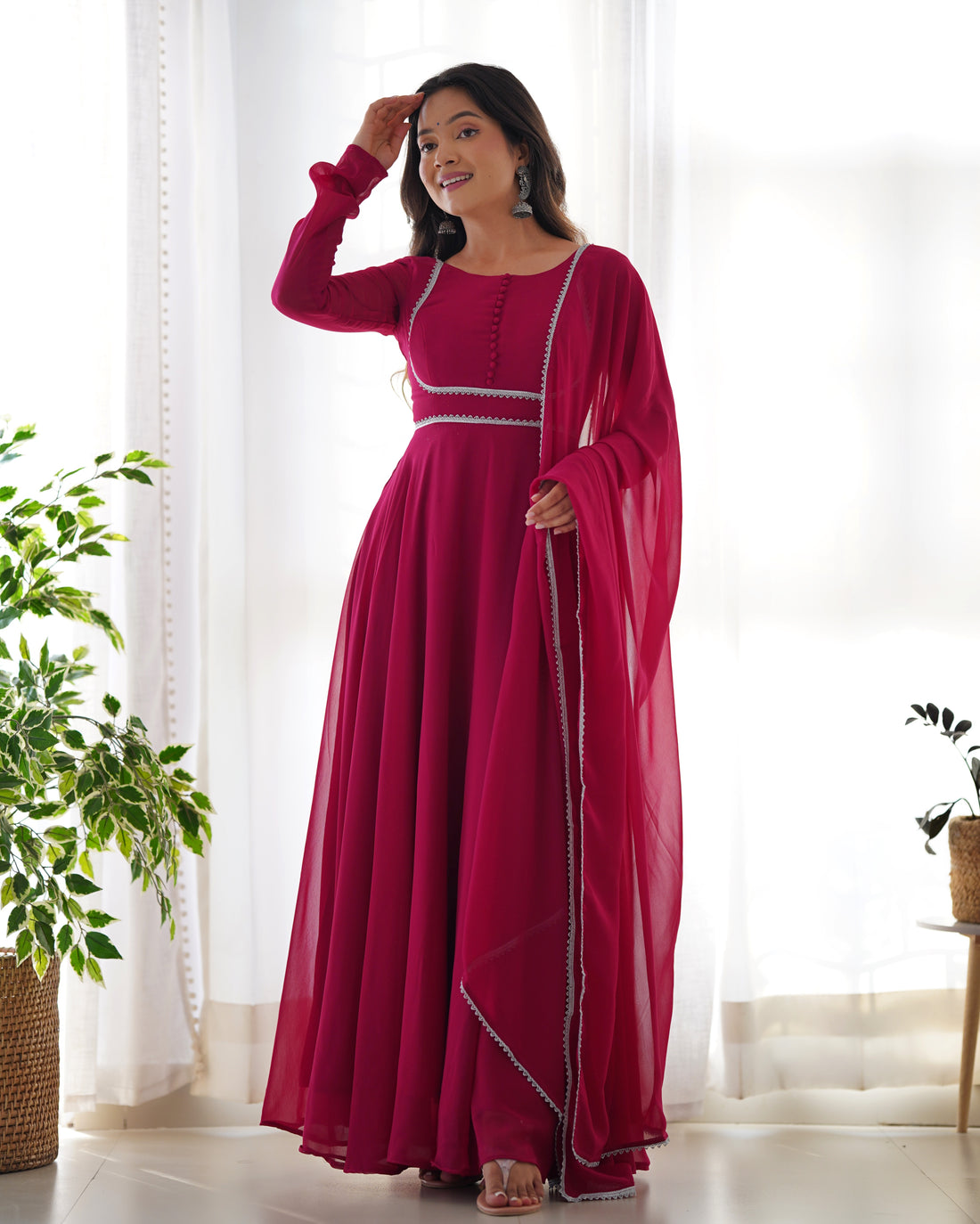 Pure Georgette Heavy Ready To Wear Pink Anarkali Gown Set