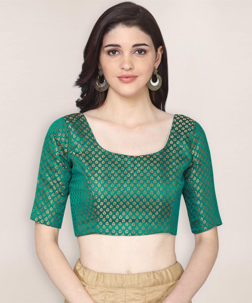 Green Color Brocade Boat Neck Stylish Readymade Blouse