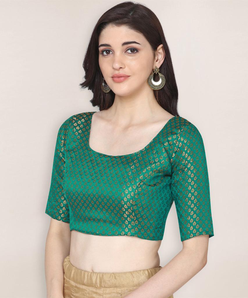 Green Color Brocade Boat Neck Stylish Readymade Blouse