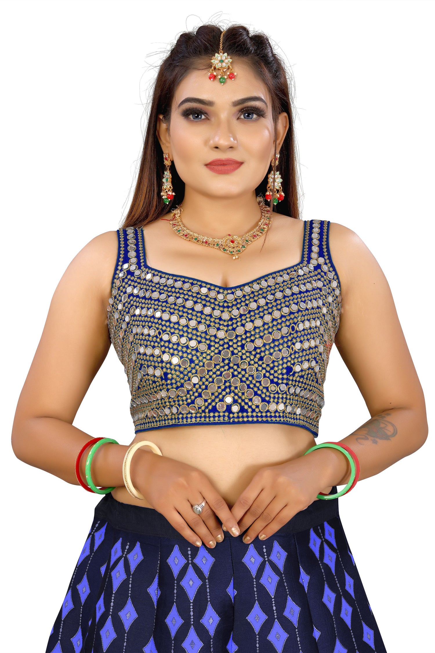 Sleeveless Embroidery Mirror Work Party Wear Blue Blouse