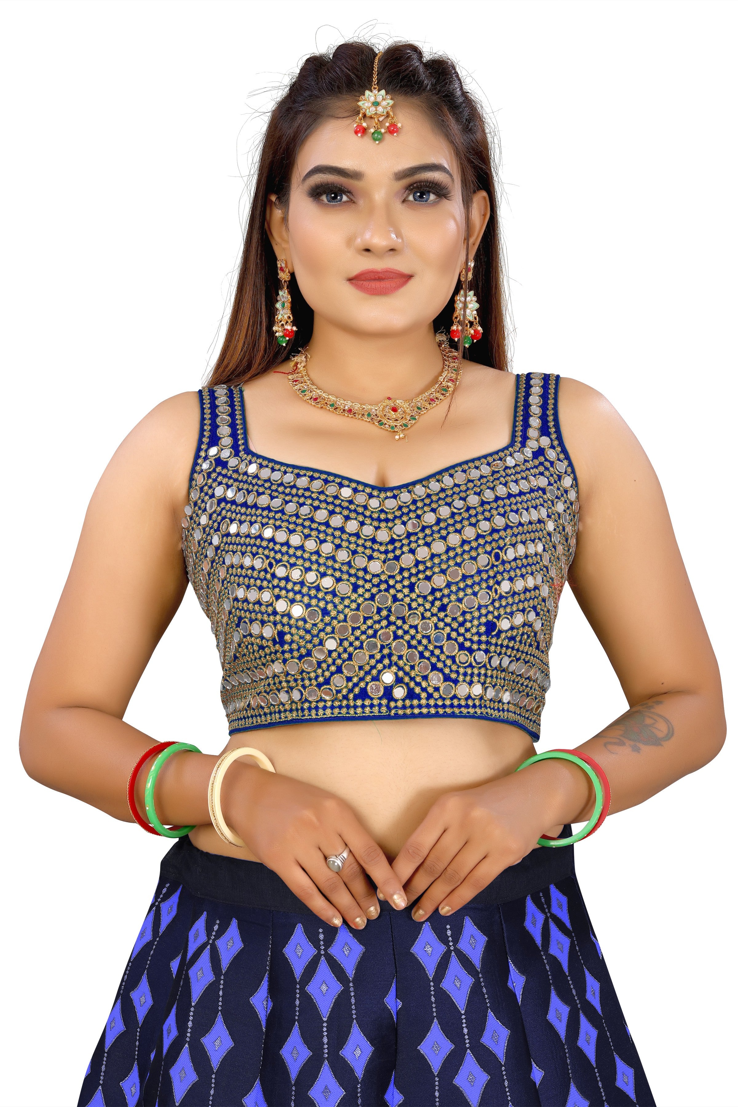 Sleeveless Embroidery Mirror Work Party Wear Blue Blouse