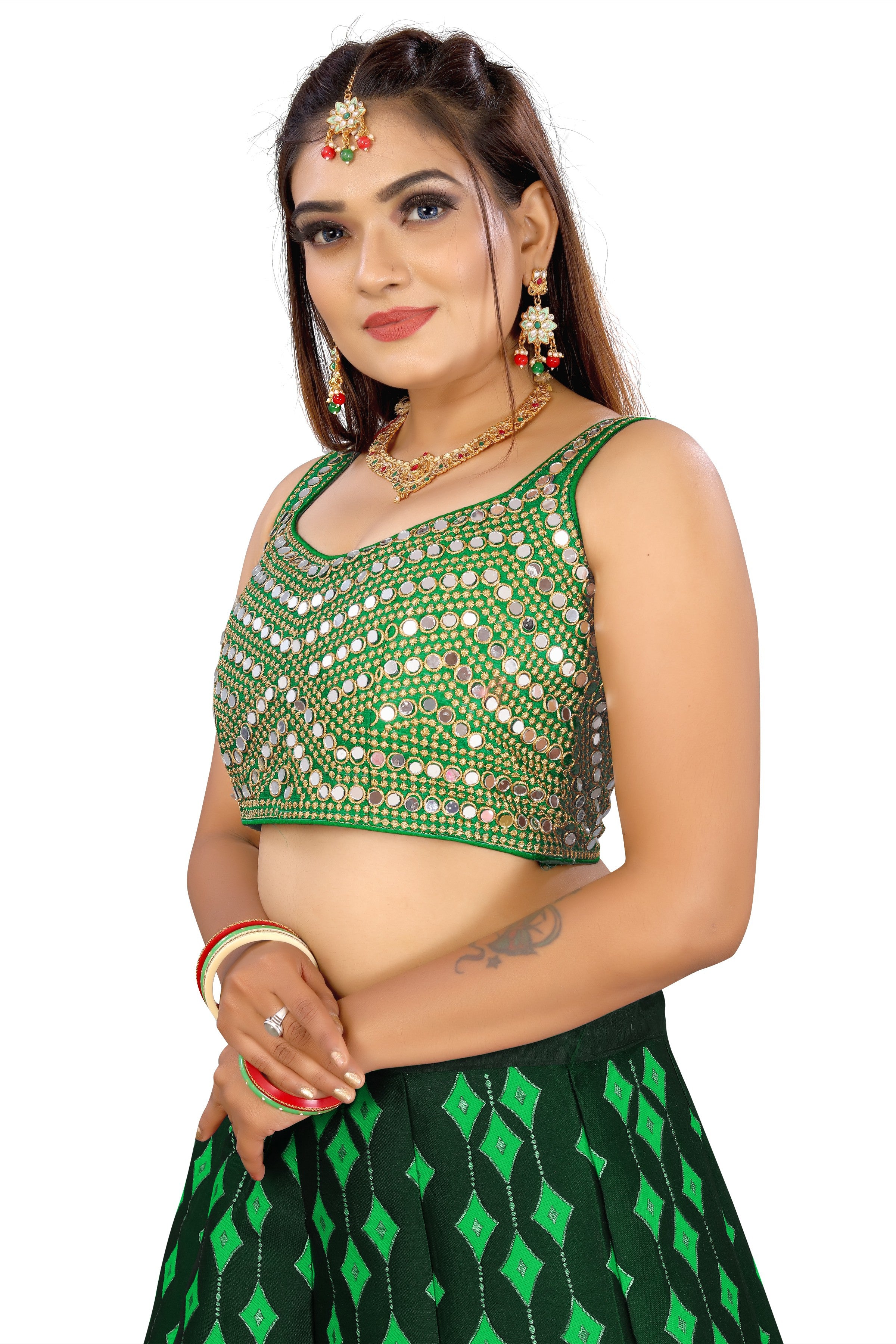 Embroidery Mirror Work V Neck Sleeveless Green Fancy Readymade Blouse
