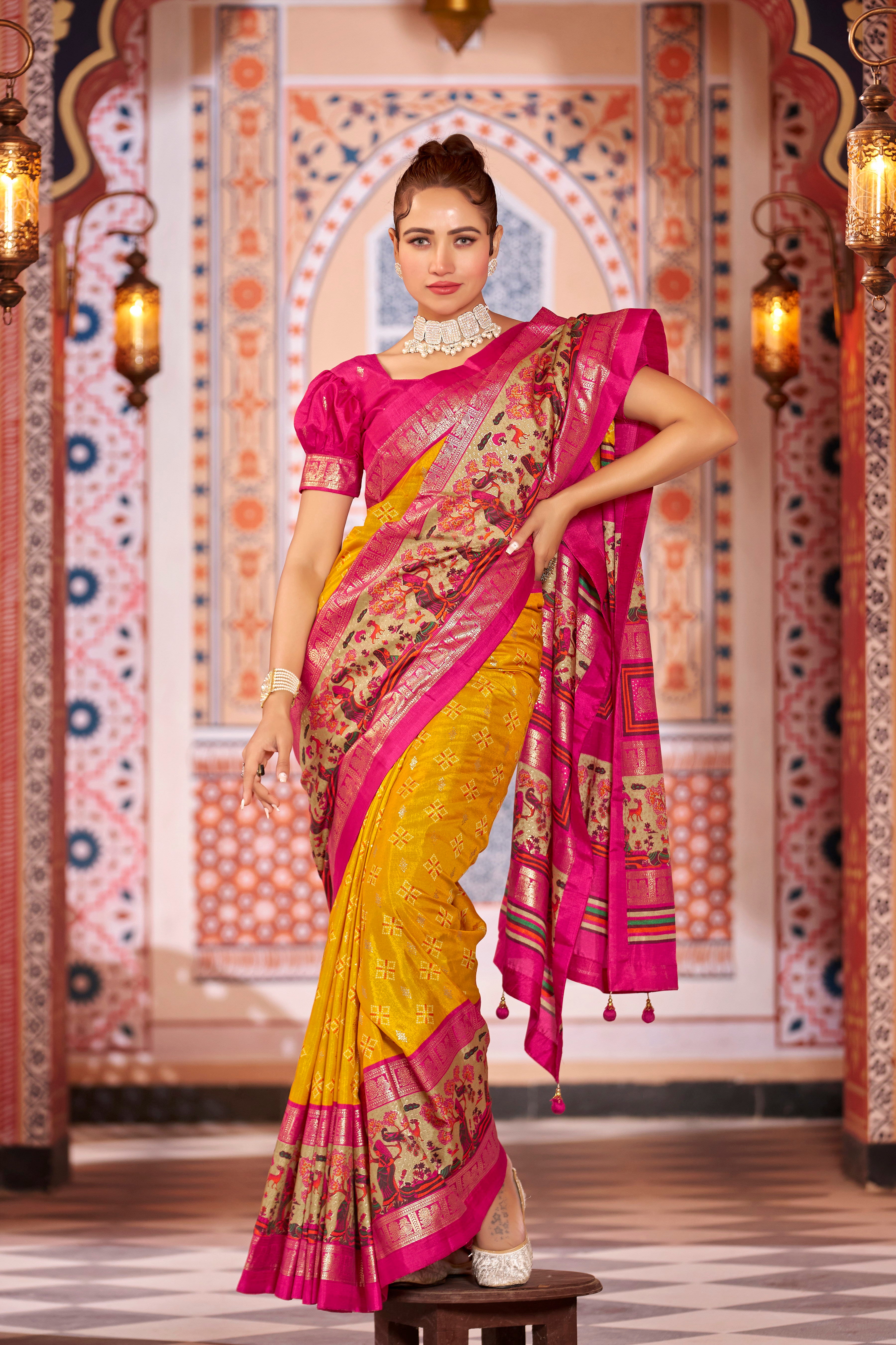 Luxury Yellow Color Pure Dola Silk Saree