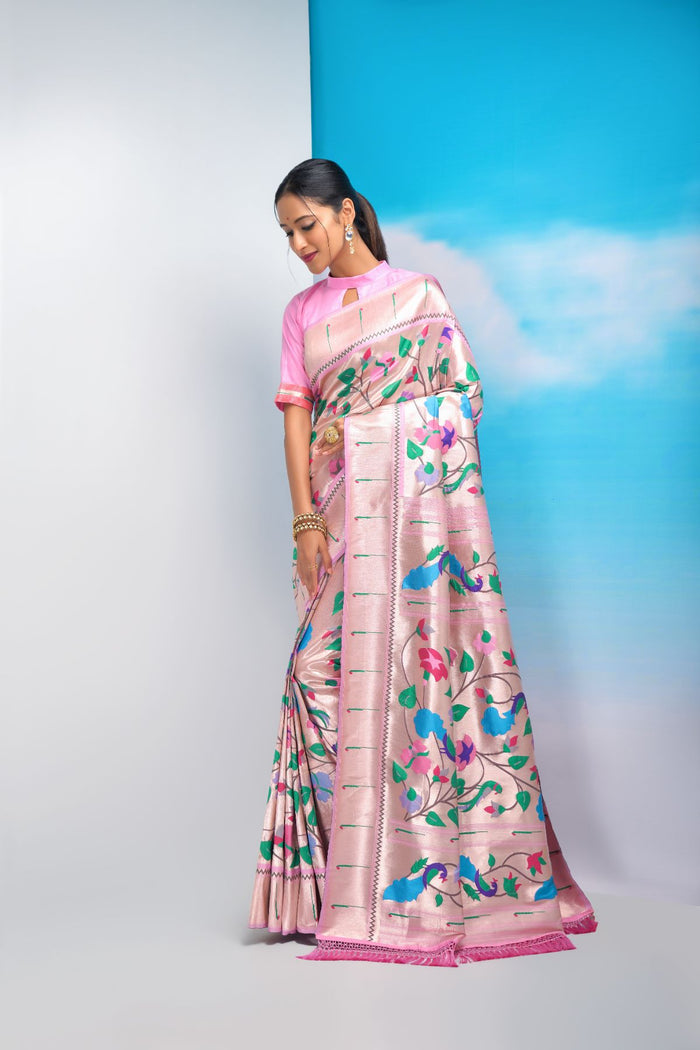 New Pink Banarasi Silk Paithani Saree
