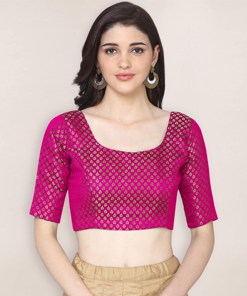Latest Boat Neck Pink Color Brocade Readymade Blouse