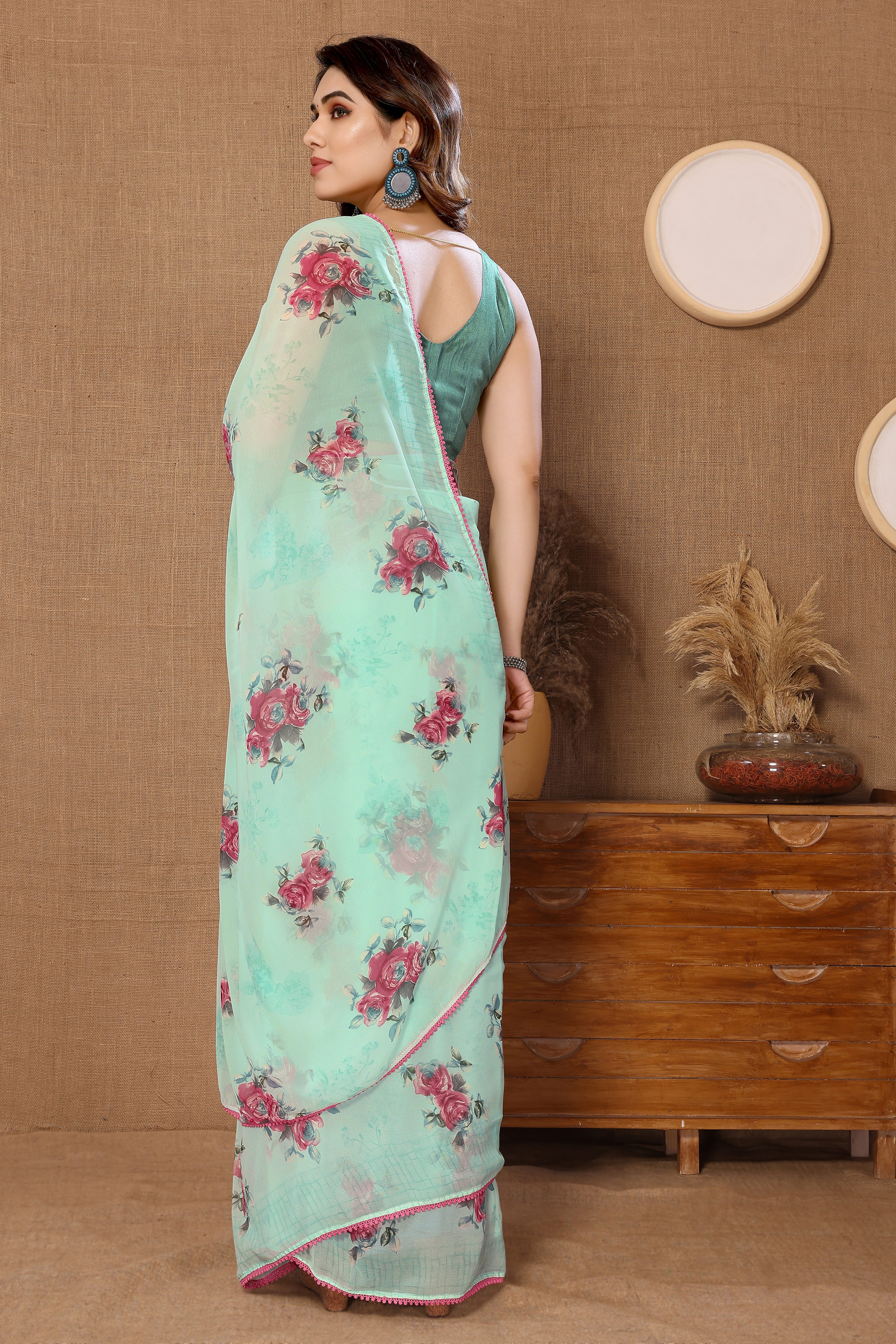 Looking Wow Printed Firozi Color Pure Georgette Ready To Wear Saree