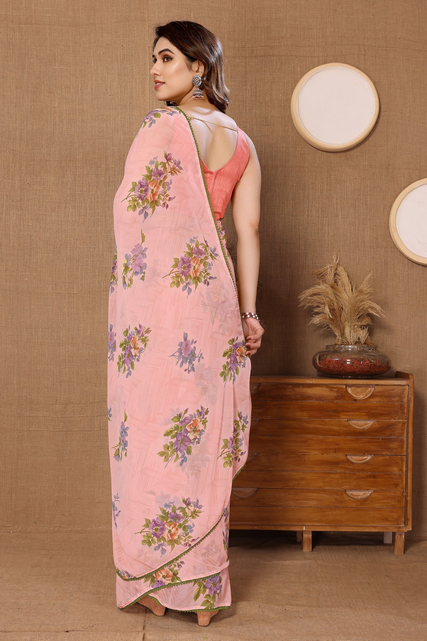 Attractive Latest Ready To Wear Peach Color Printed Georgette Saree