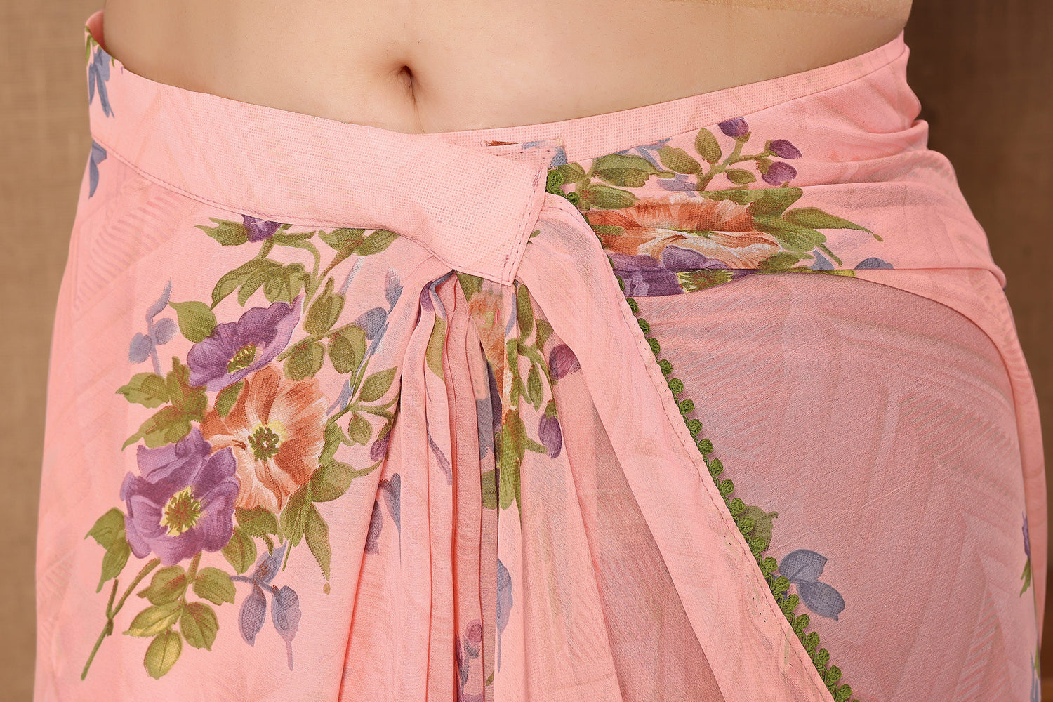 Attractive Latest Ready To Wear Peach Color Printed Georgette Saree