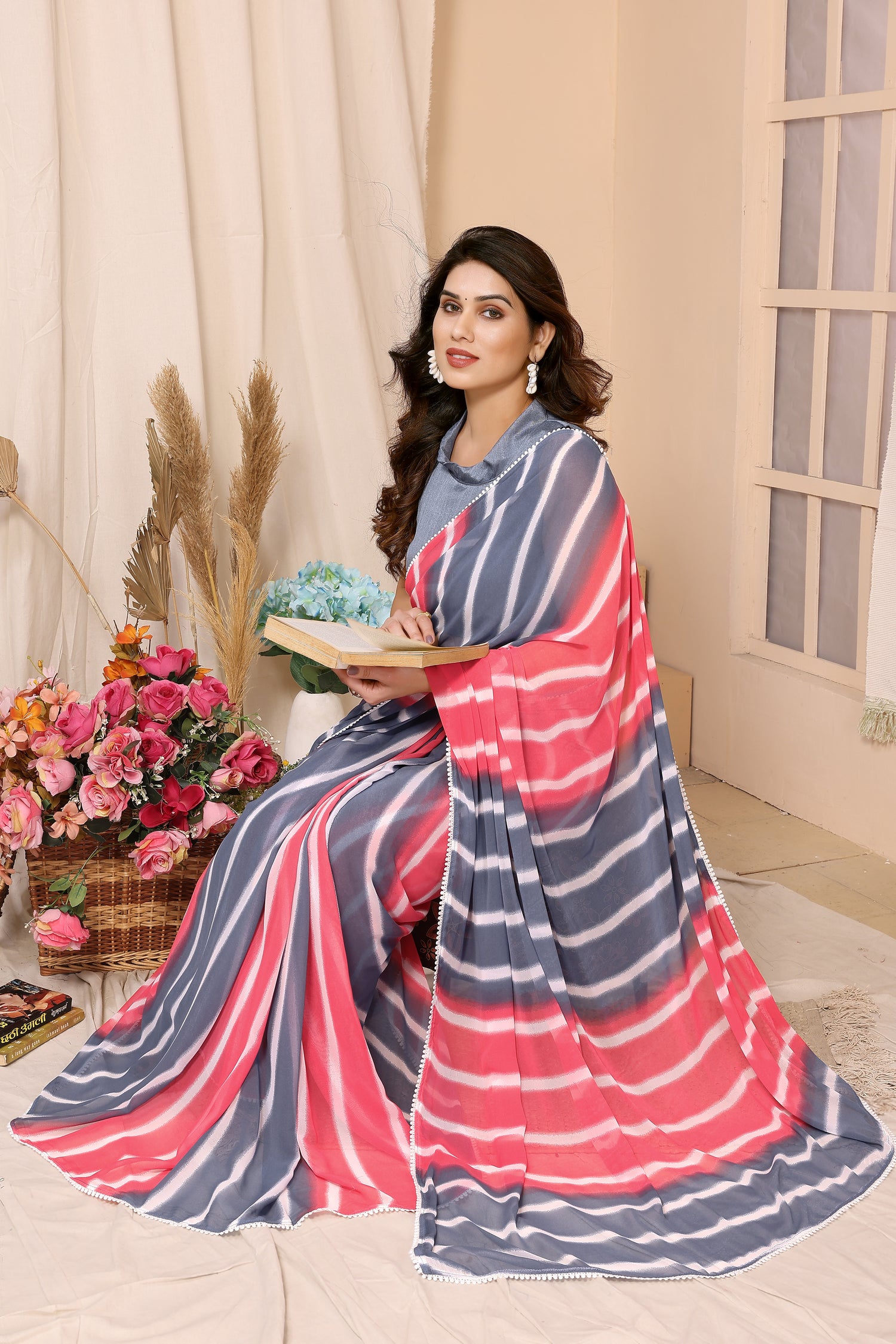 Glamorous Heavy Pink & Grey Laheriya Printed Georgette Ready To Wear Saree