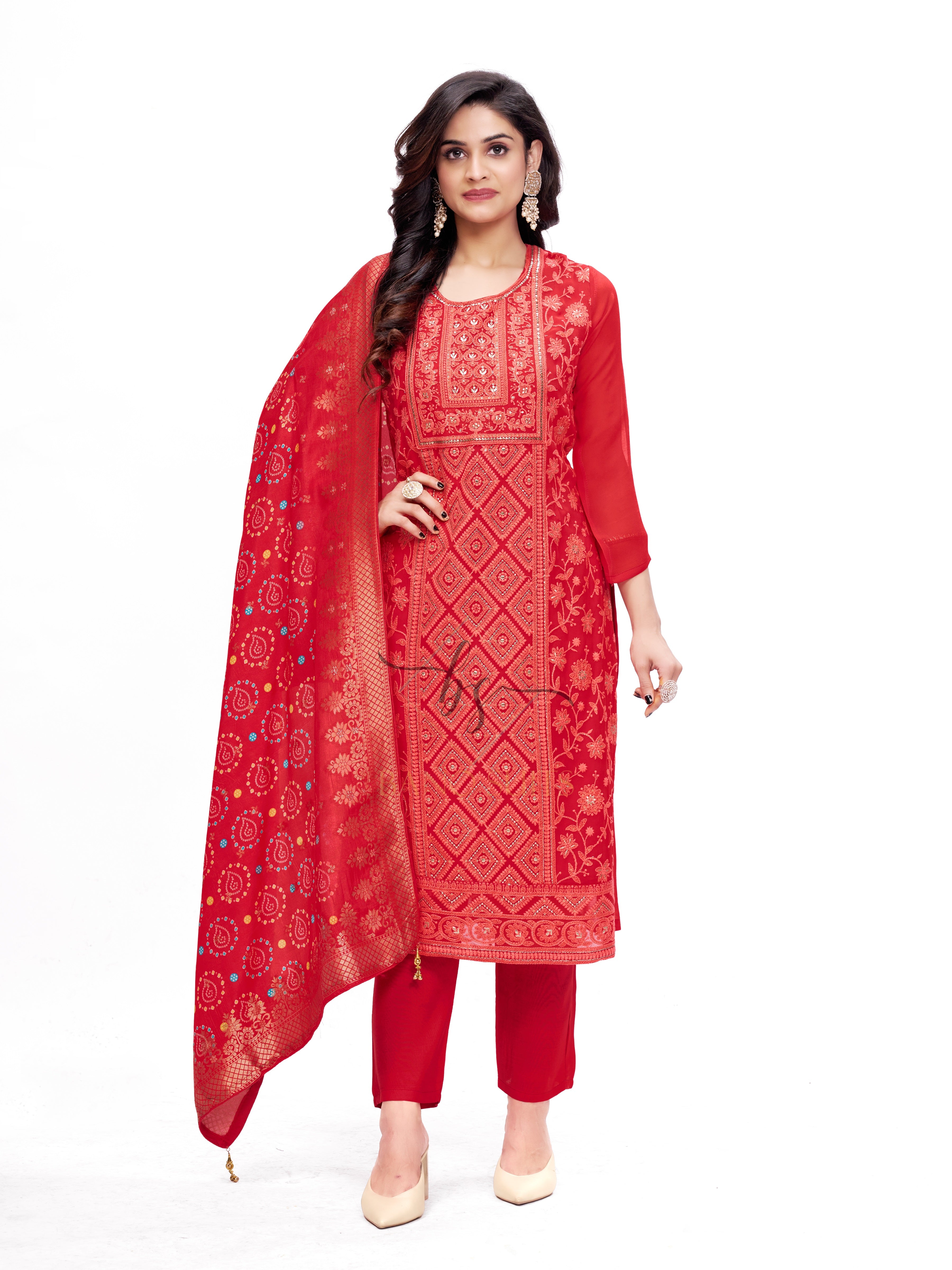 Pure Georgette Red Salwar Suit With Dupatta