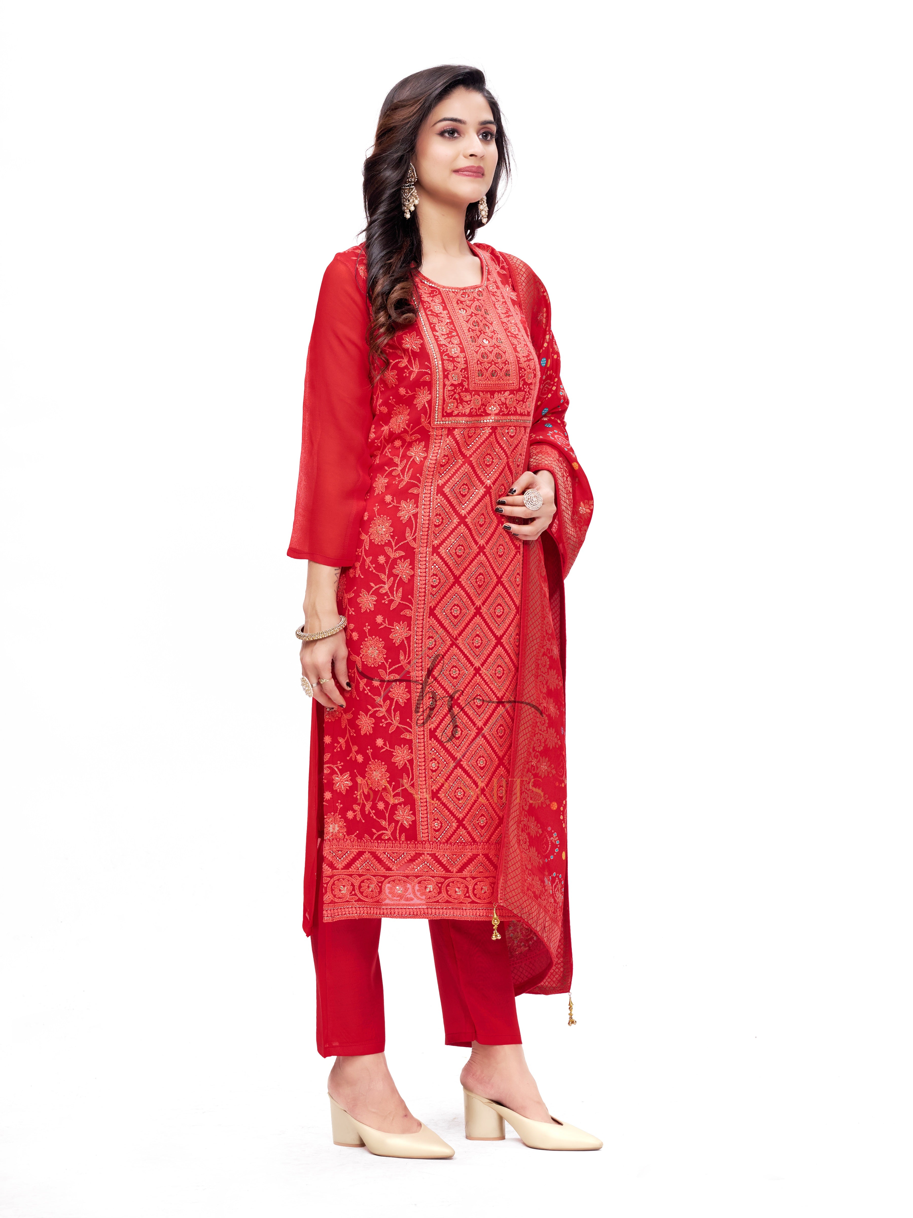 Pure Georgette Red Salwar Suit With Dupatta