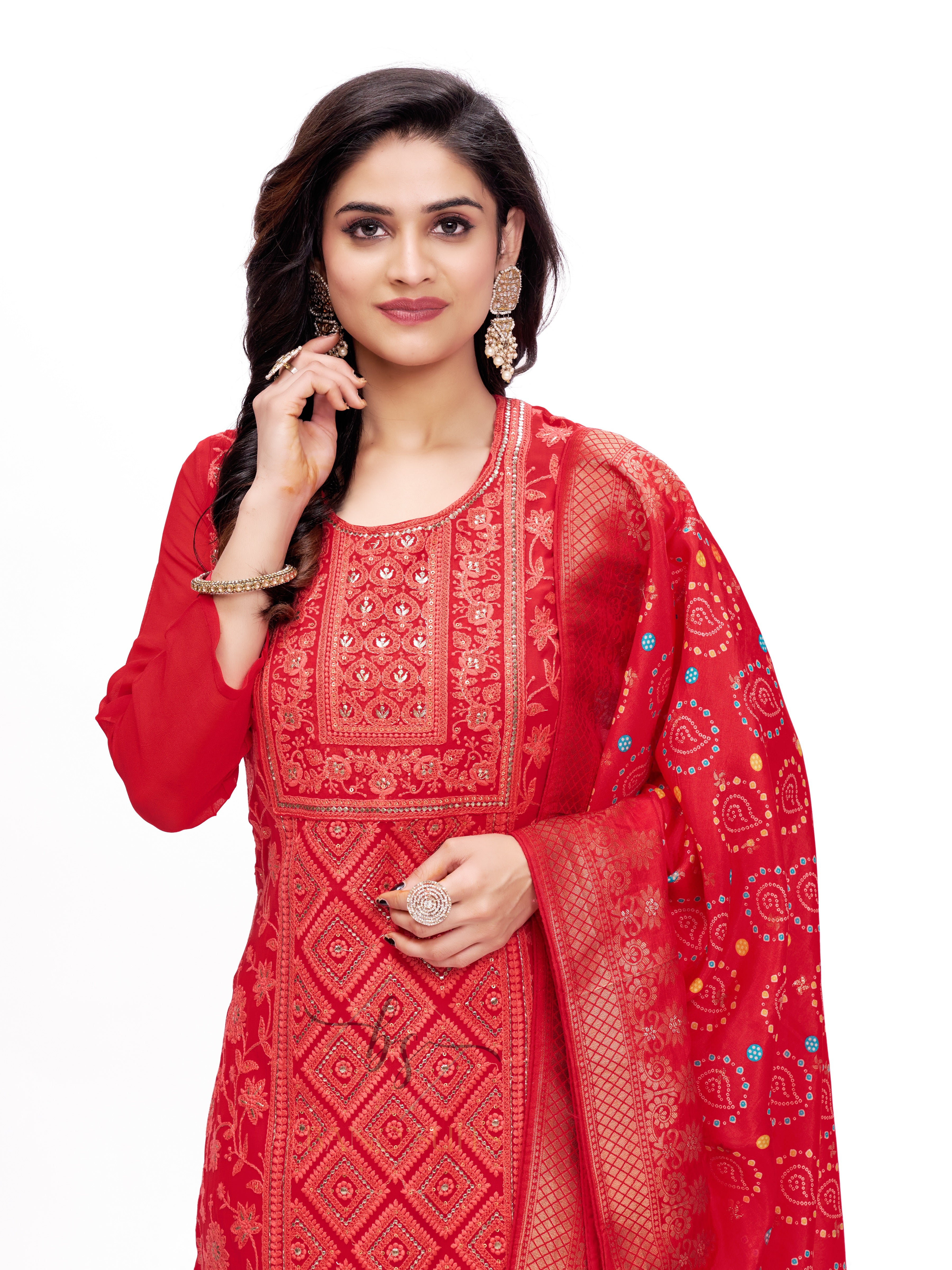 Pure Georgette Red Salwar Suit With Dupatta