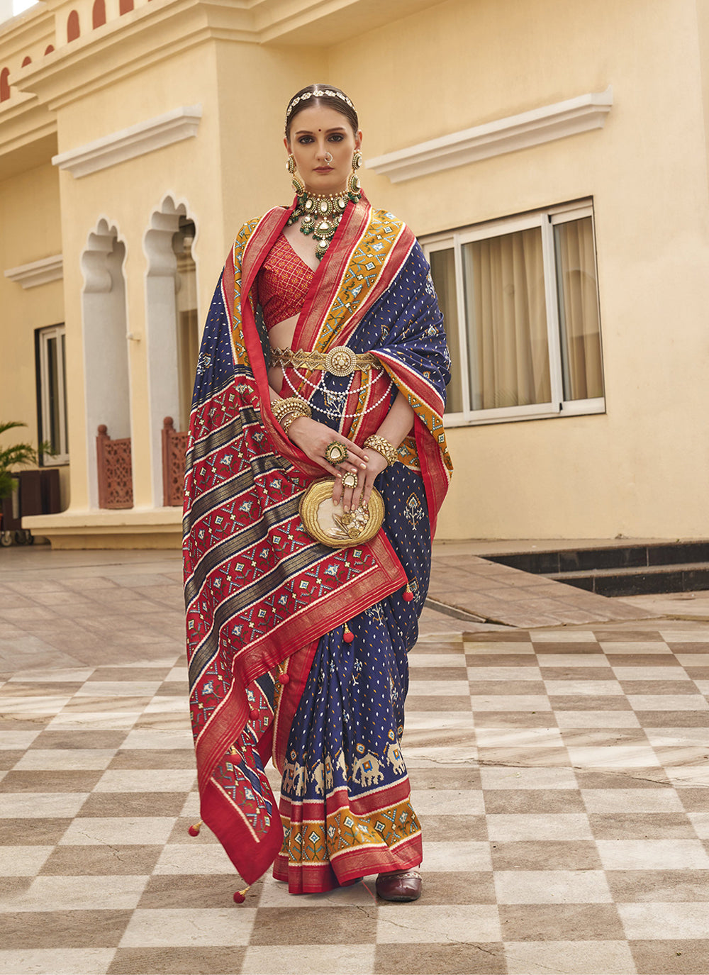 Engagement Wear Navy Blue Silk Printed Patola Saree