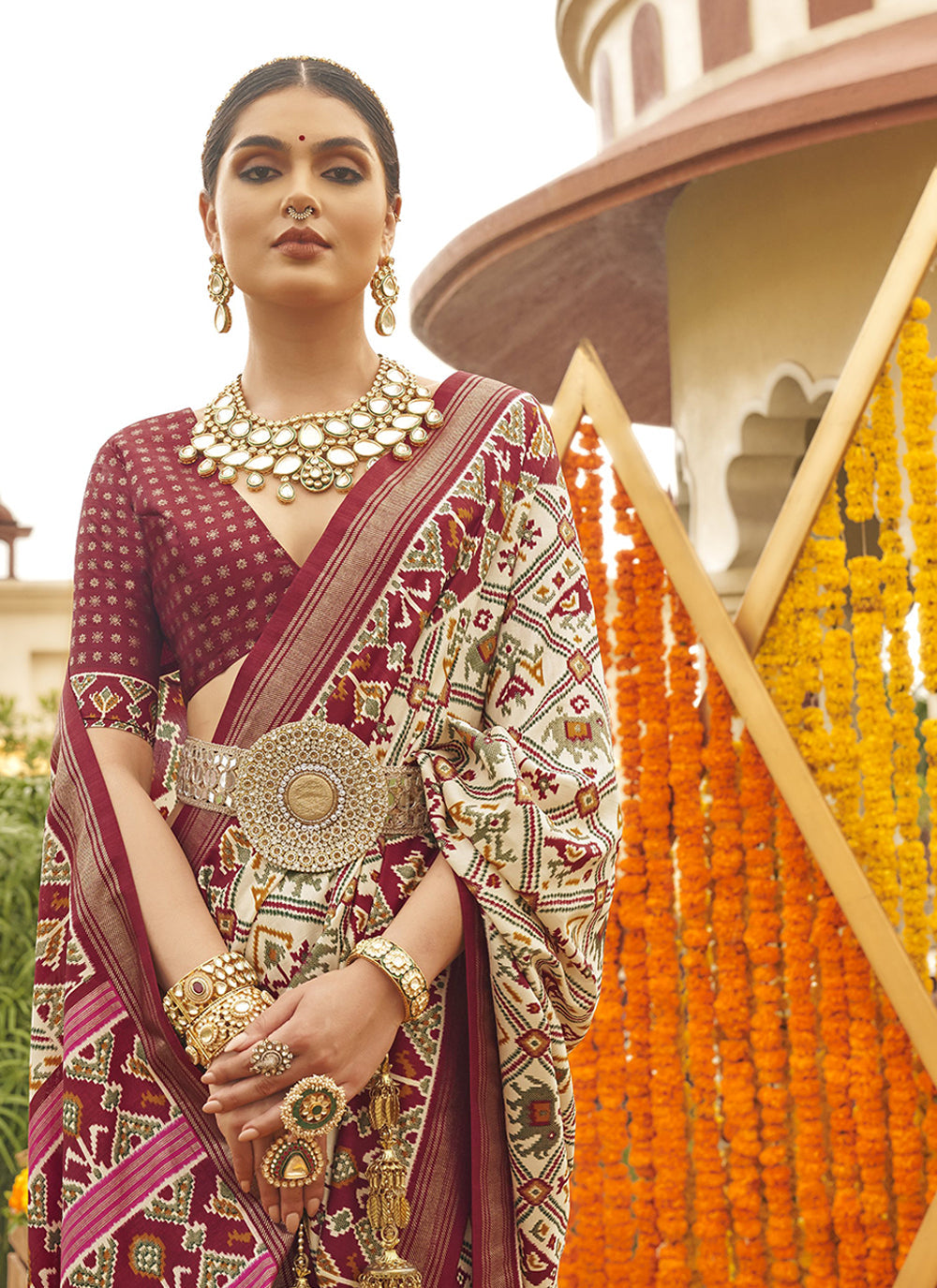 Printed Maroon Silk Festive Wear Patola Saree