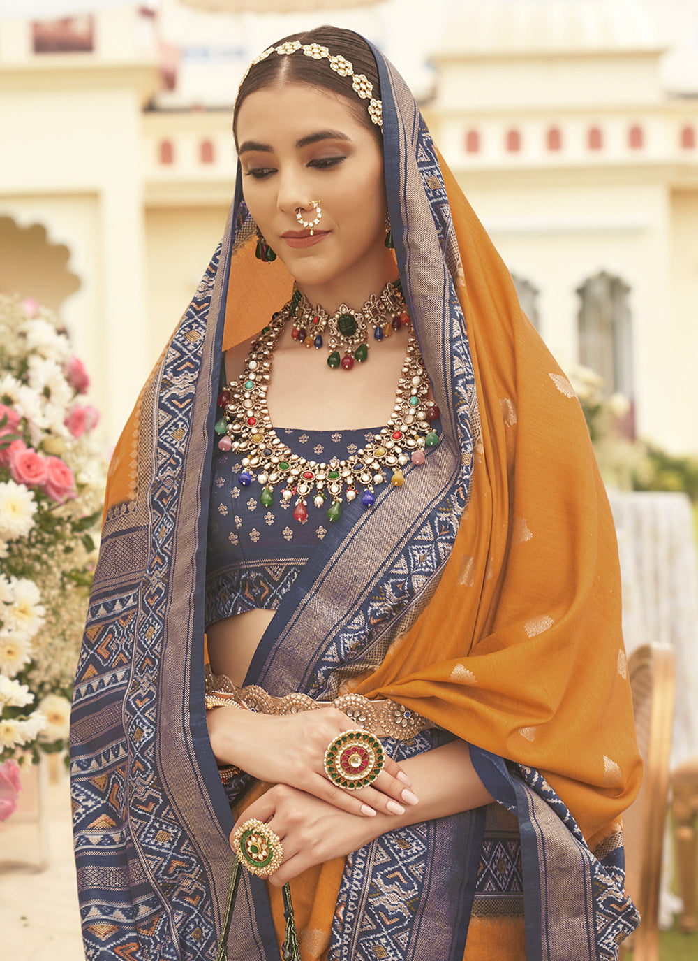 Mustard Party Wear Printed Silk Patola Saree