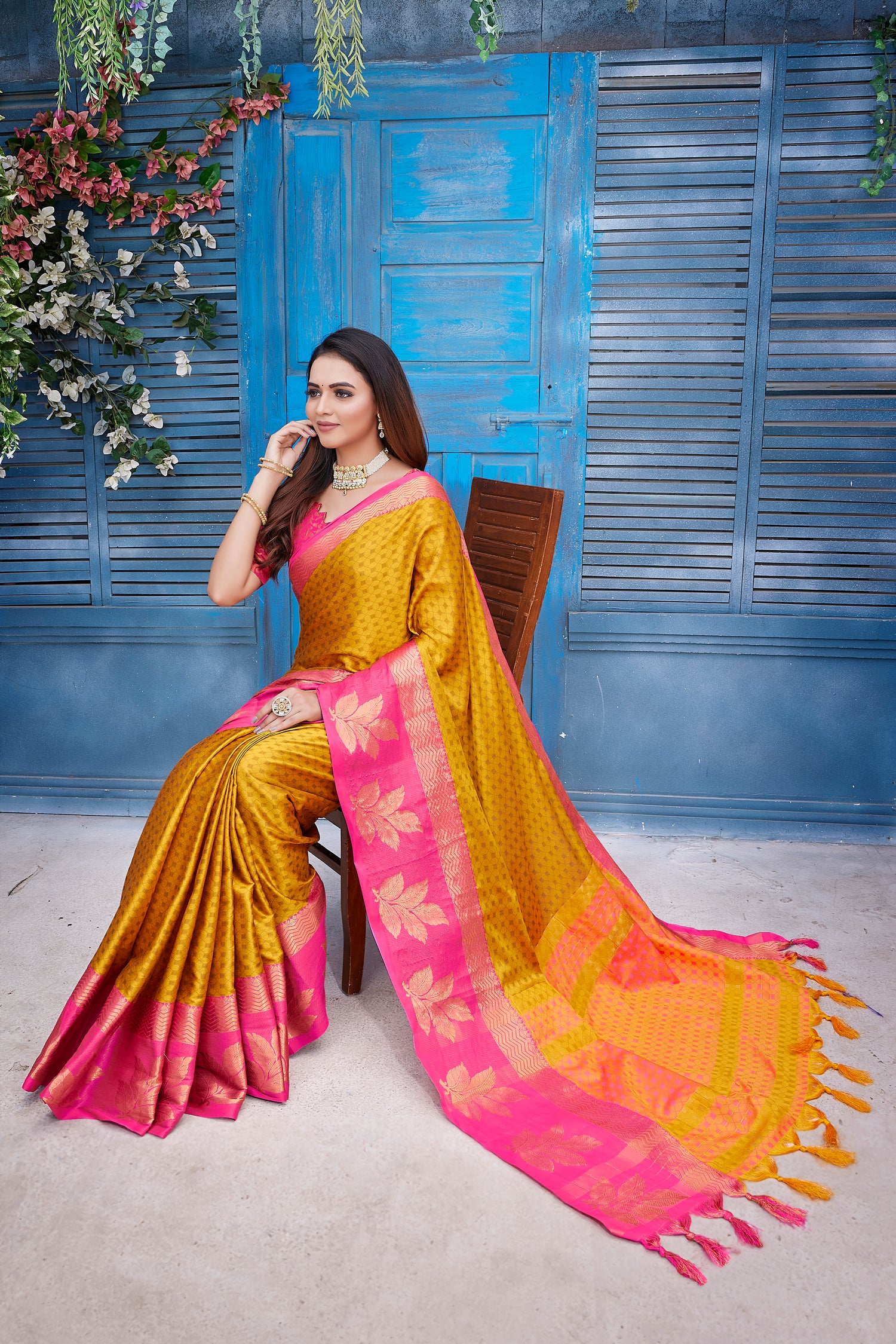 Stylish Looking Yellow Color Aura Silk Saree