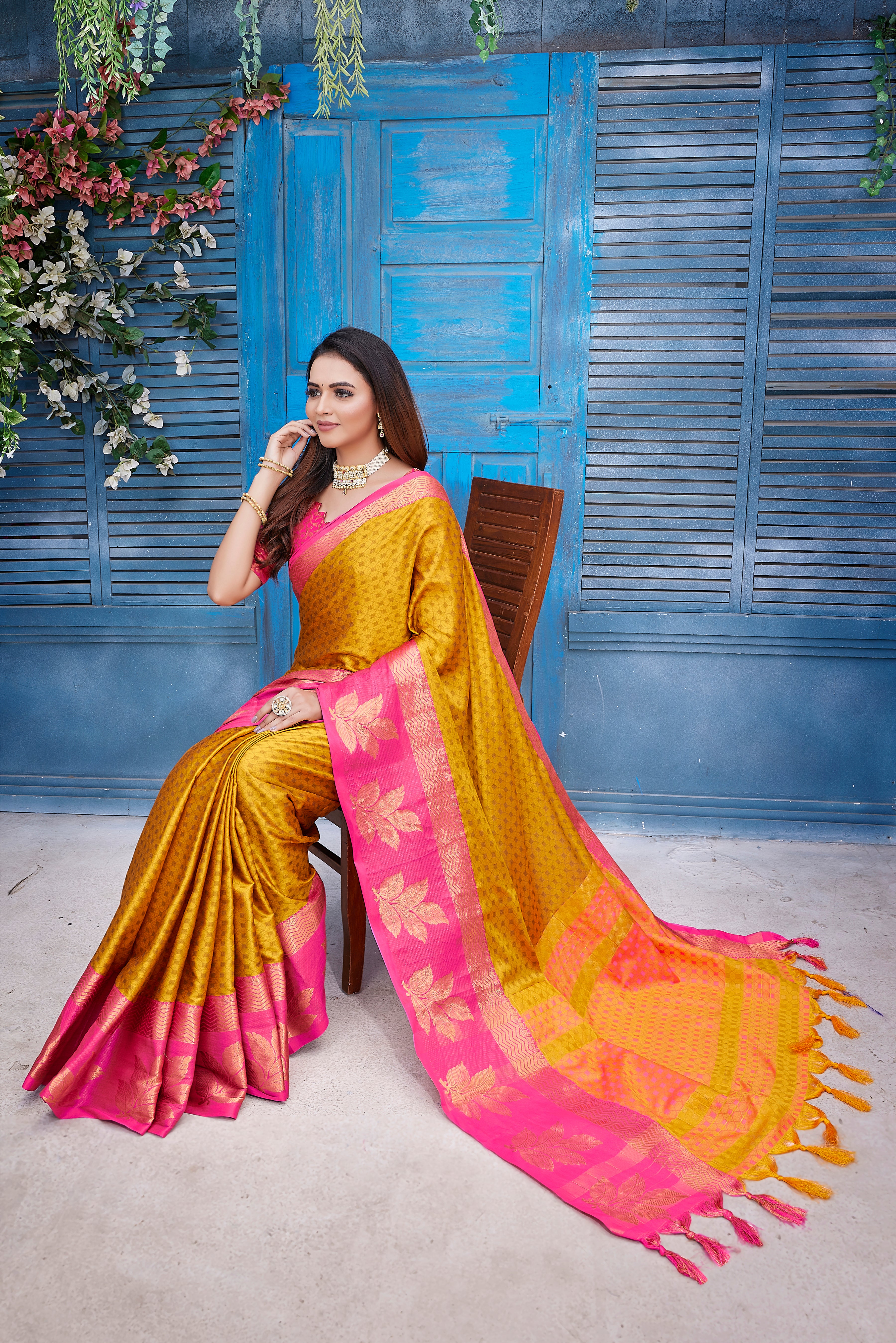Stylish Looking Yellow Color Aura Silk Saree