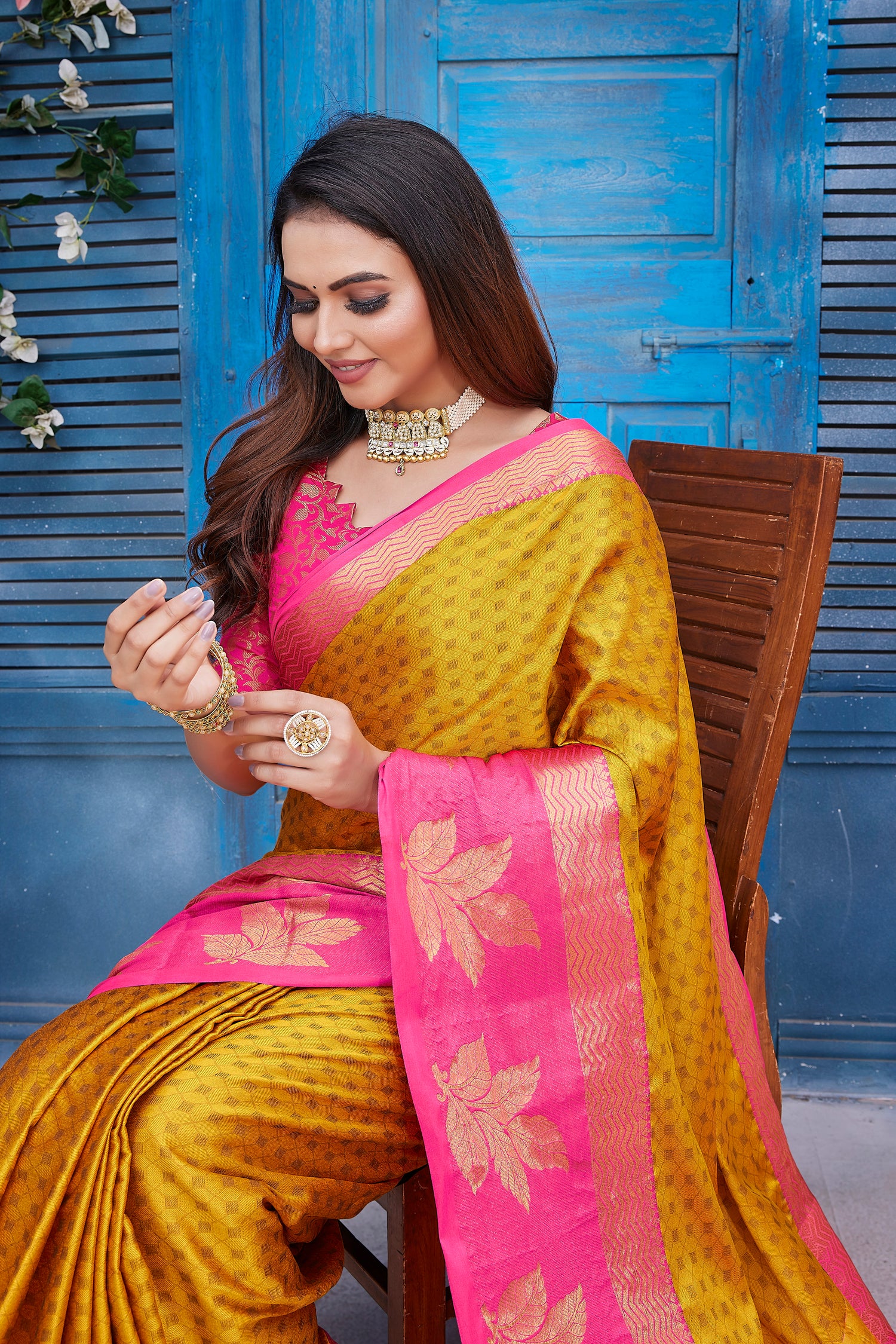 Stylish Looking Yellow Color Aura Silk Saree