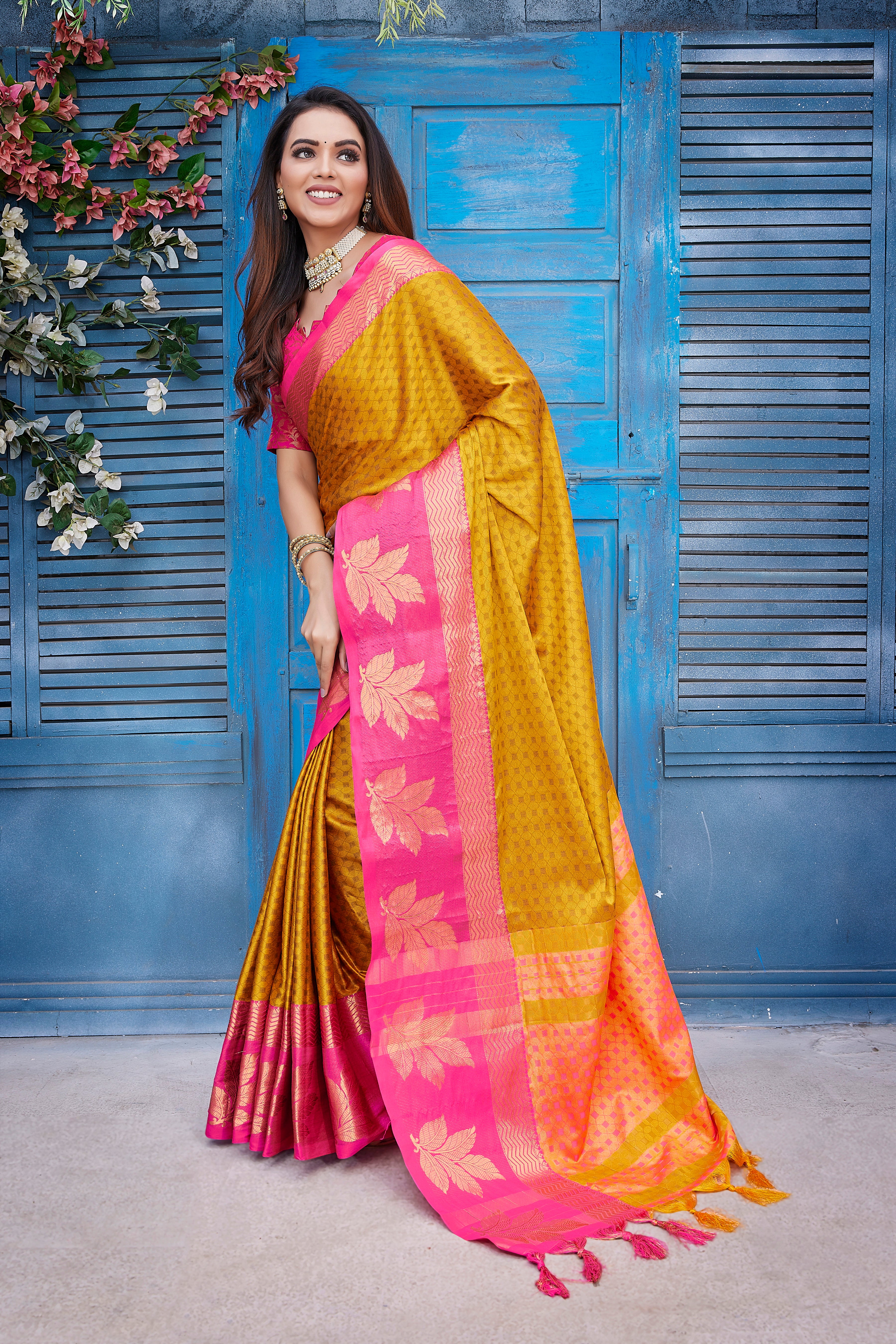 Stylish Looking Yellow Color Aura Silk Saree