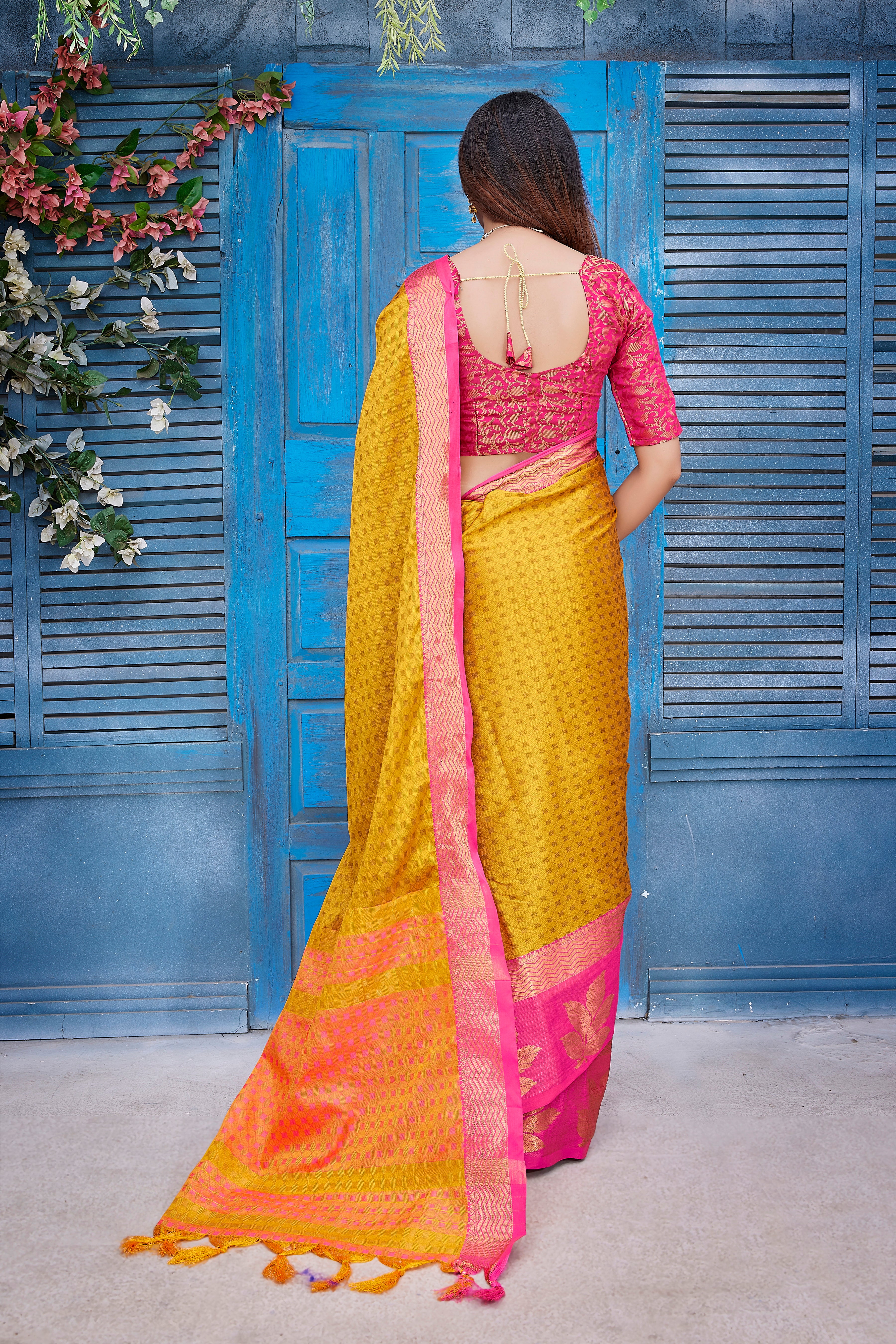 Stylish Looking Yellow Color Aura Silk Saree