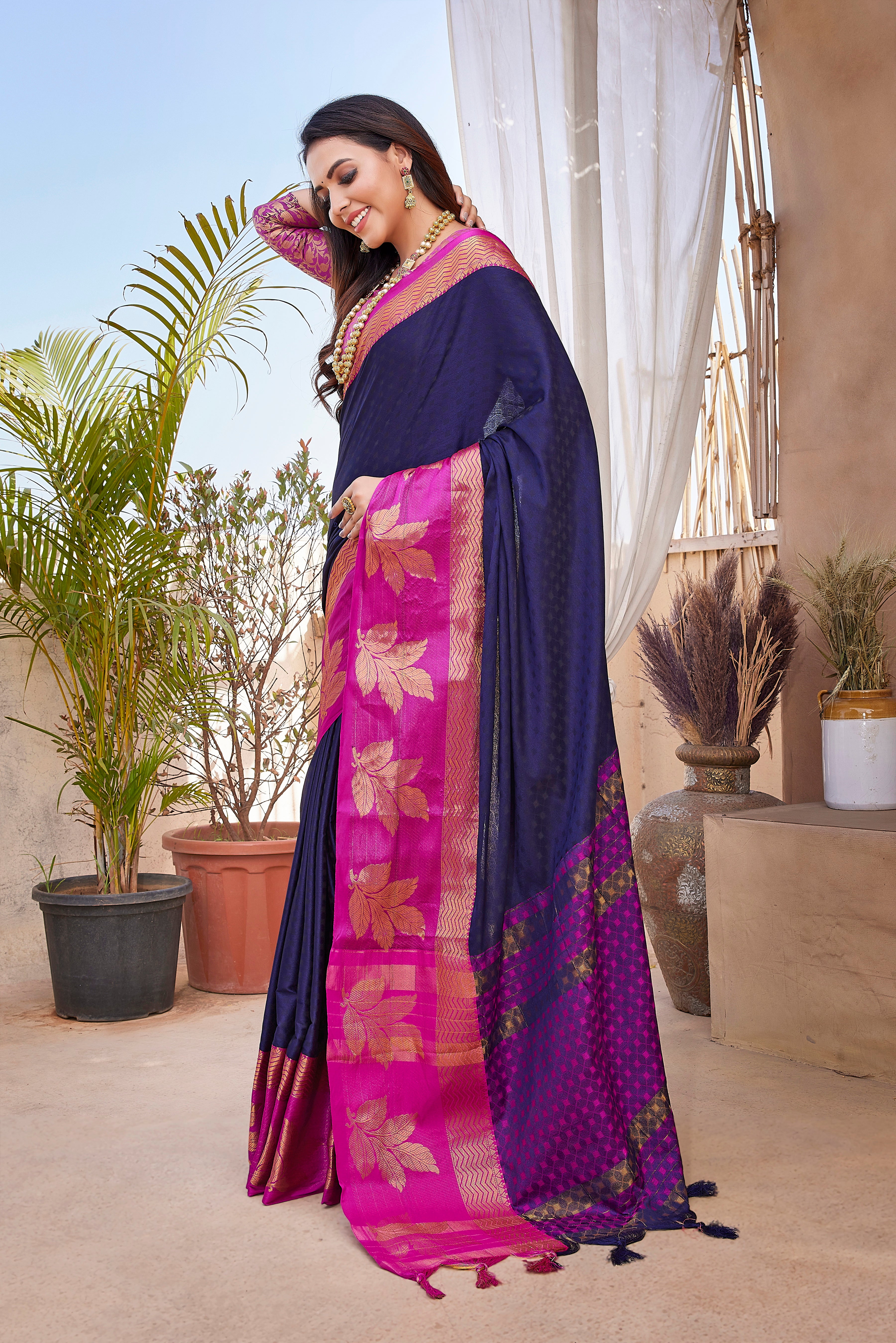 Navy Blue Color Party Wear Aura Silk Saree