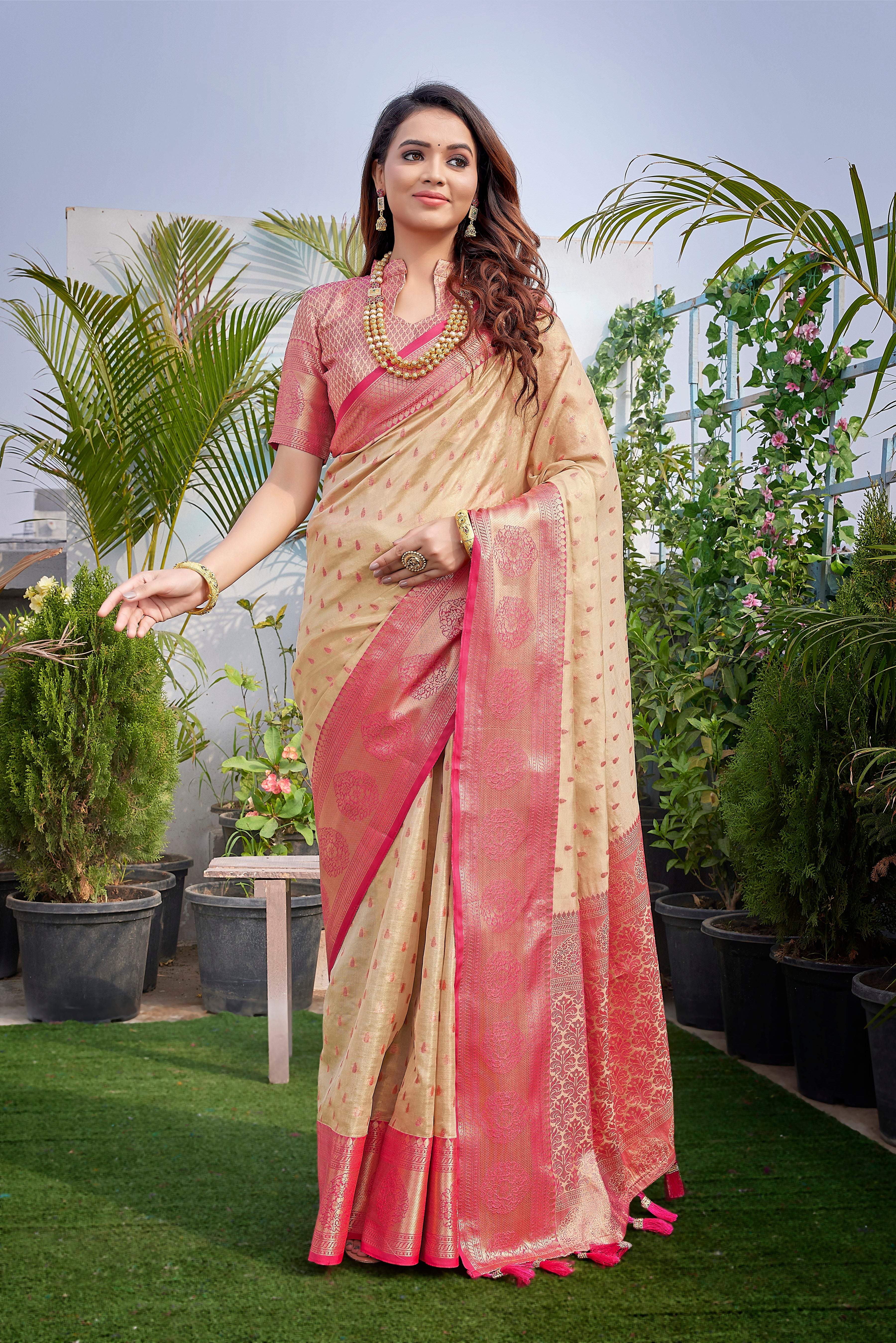 Latest Design Cream Color Pure Silk Saree