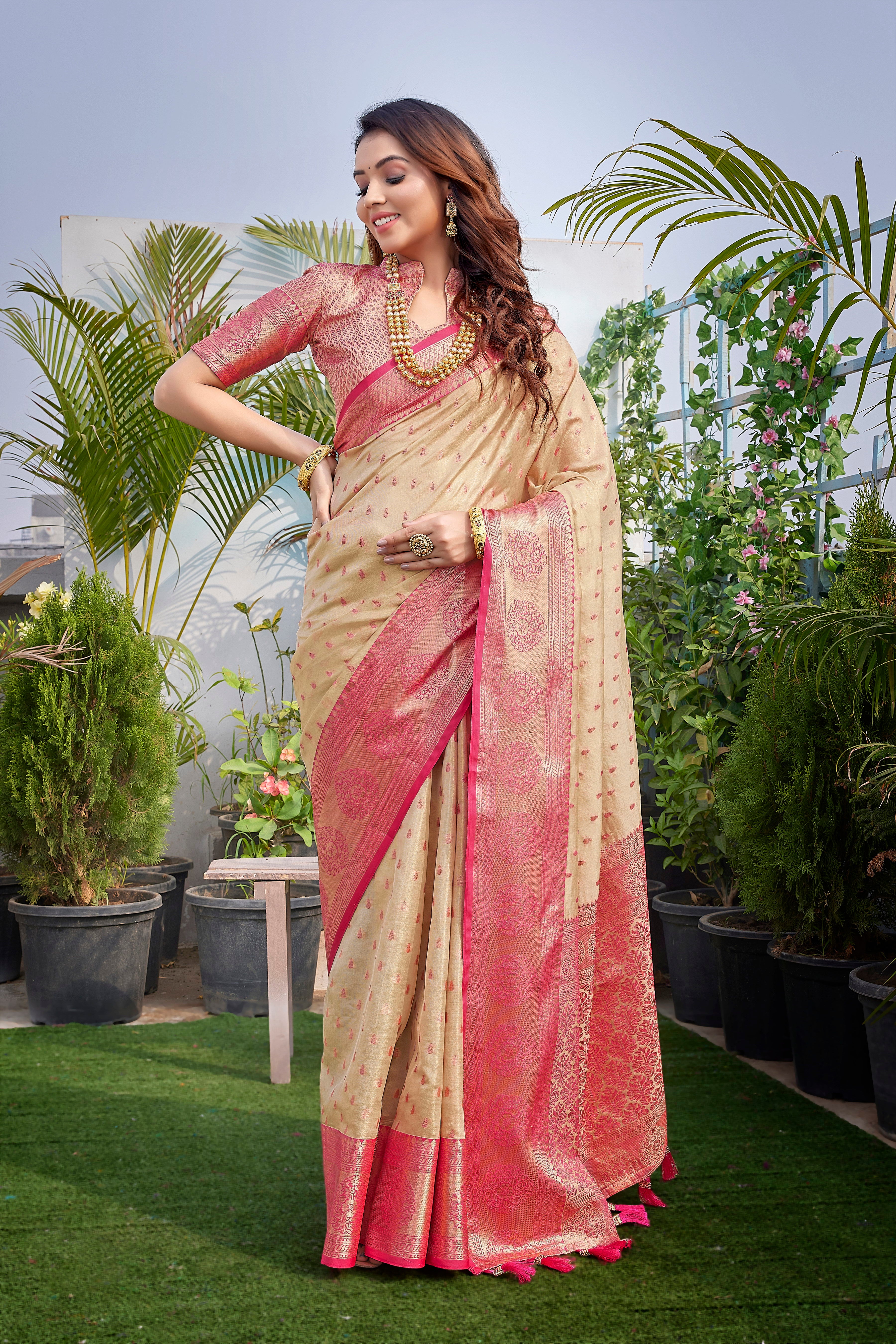 Latest Design Cream Color Pure Silk Saree