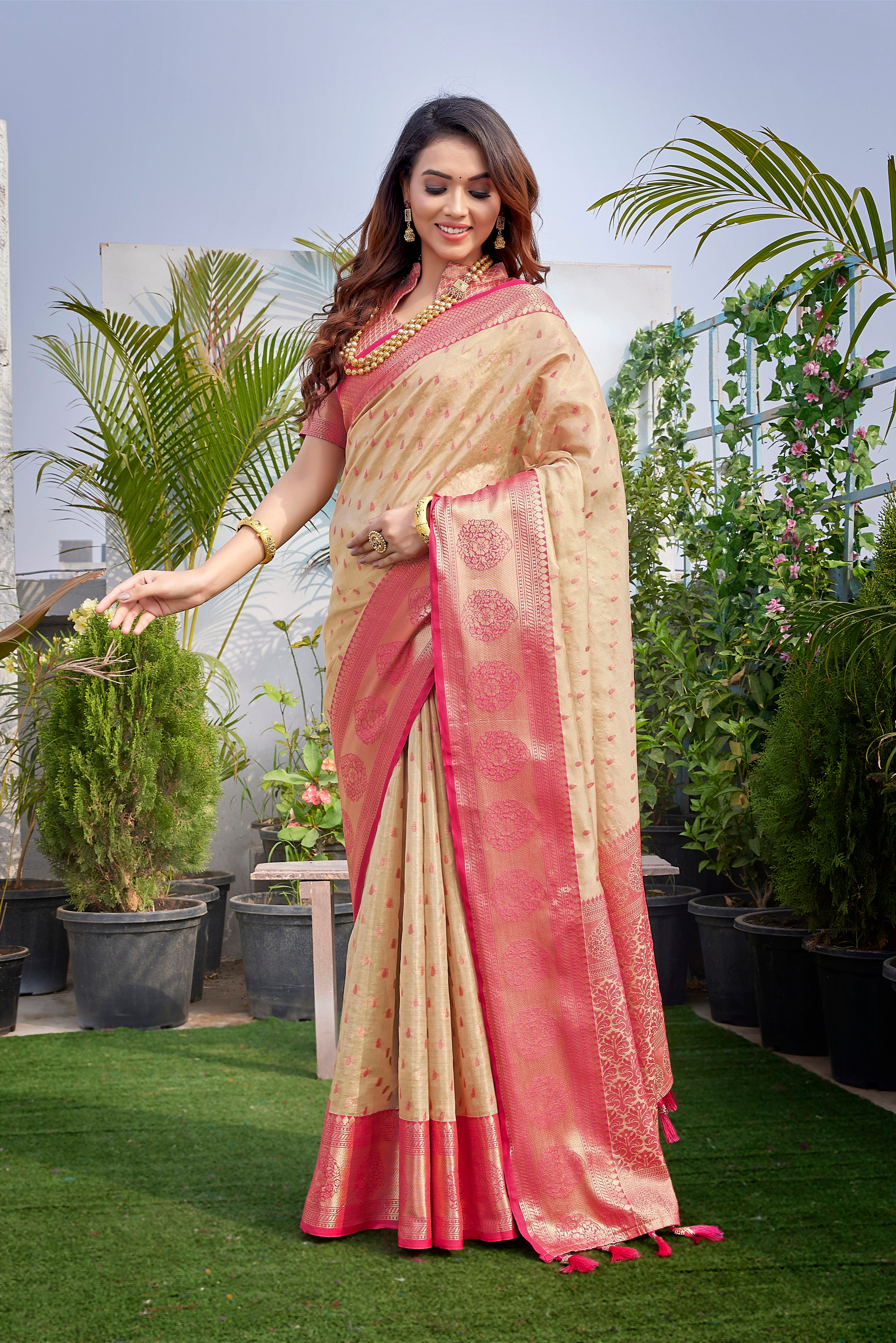 Latest Design Cream Color Pure Silk Saree