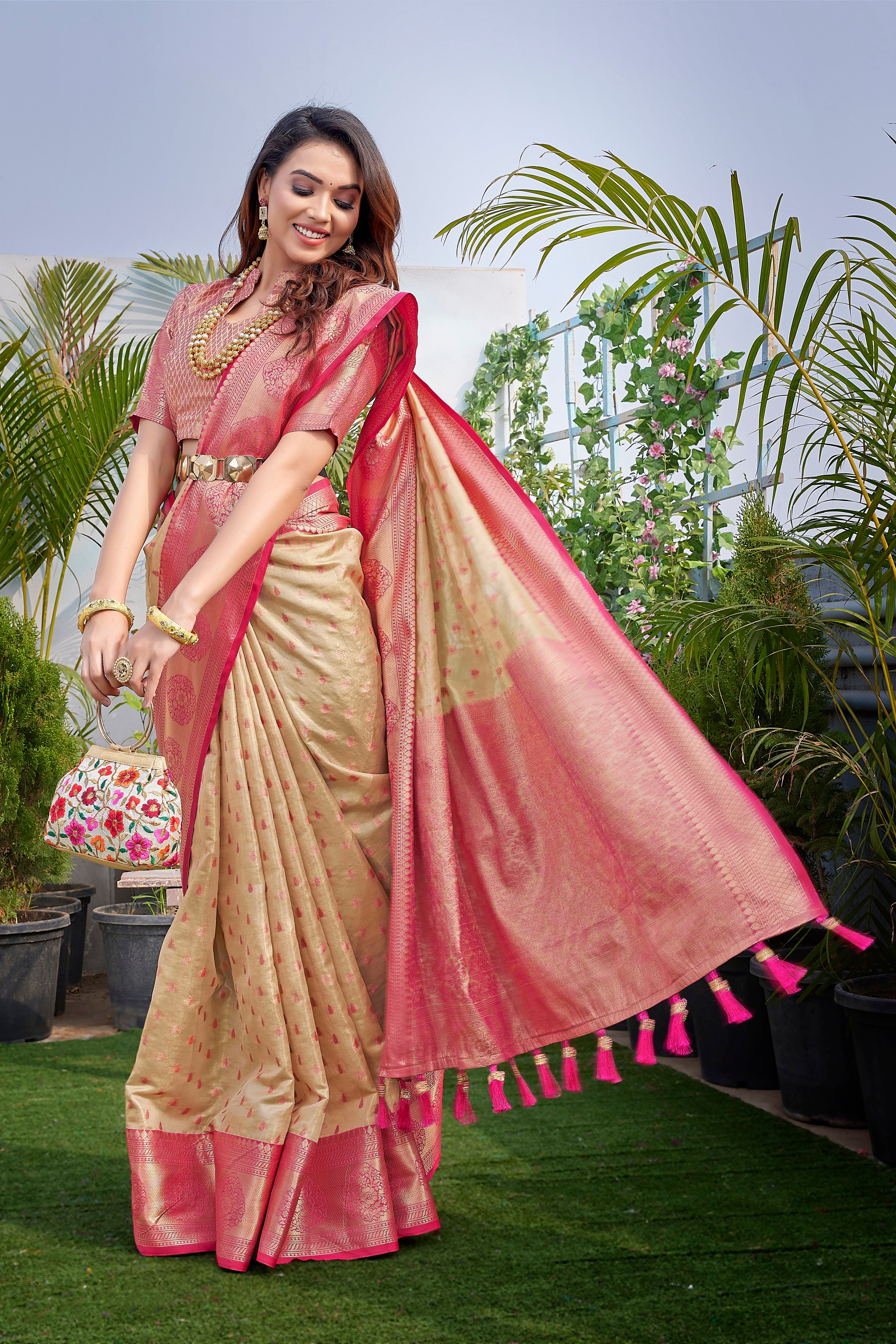 Latest Design Cream Color Pure Silk Saree